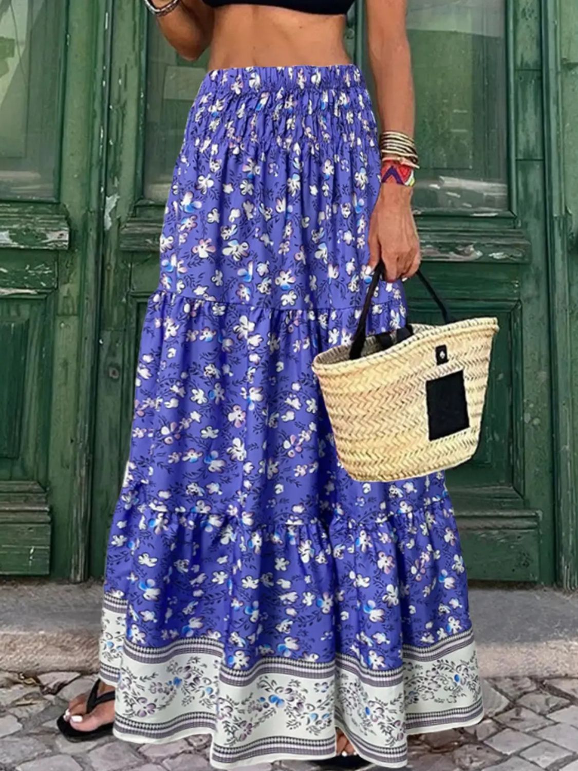 Full Size Tiered Printed Elastic Waist Skirt.