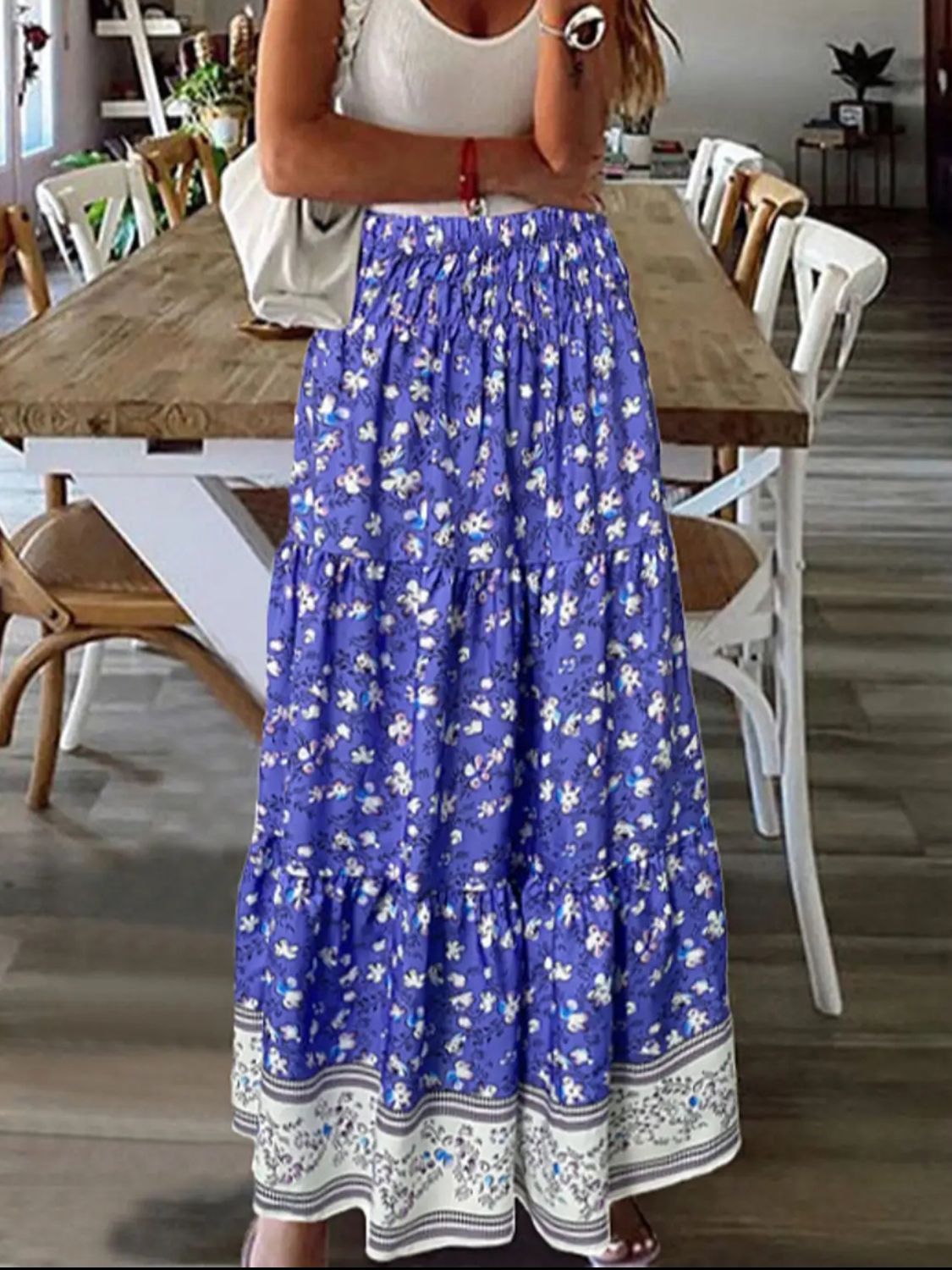Full Size Tiered Printed Elastic Waist Skirt.