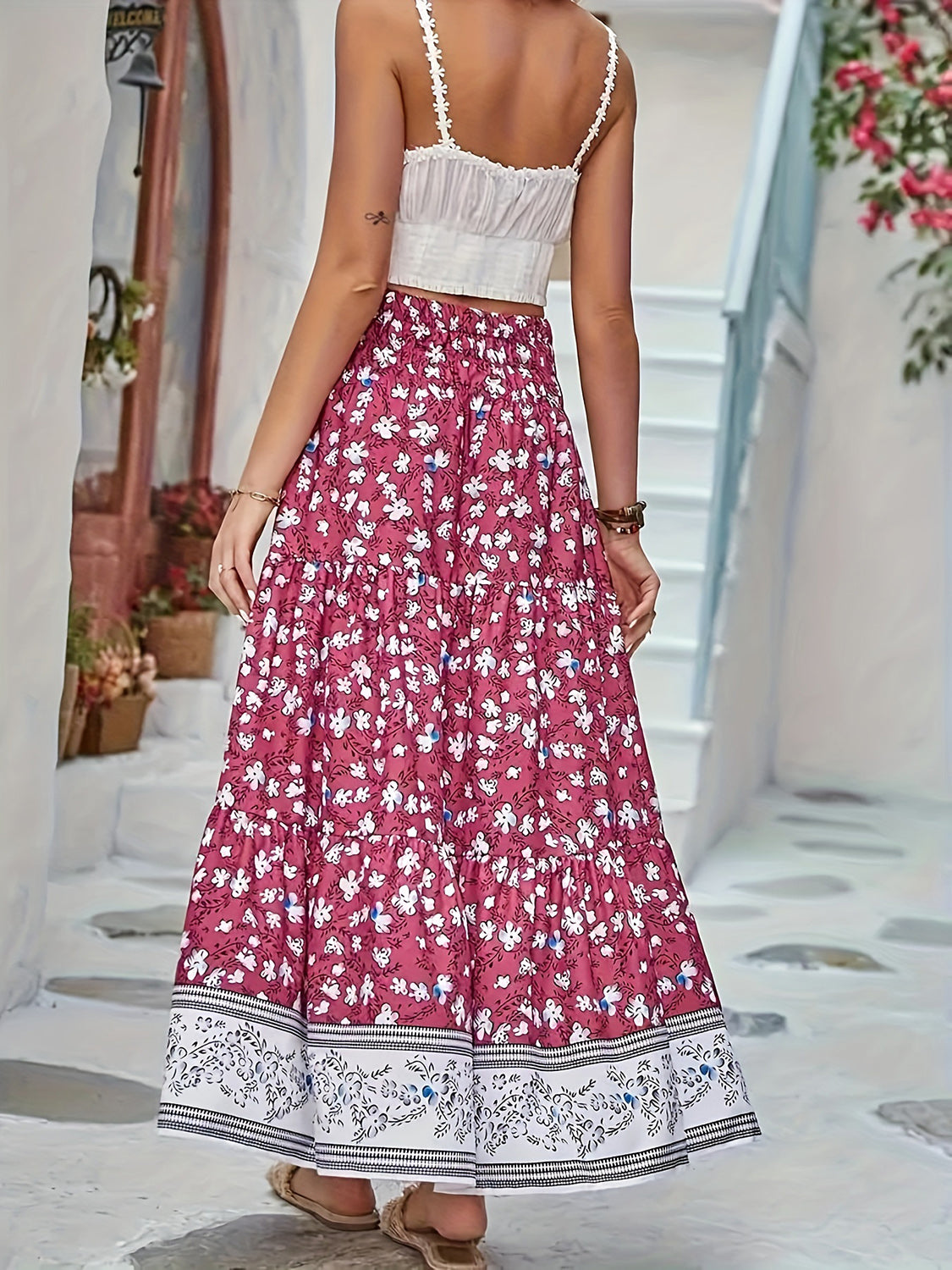 Full Size Tiered Printed Elastic Waist Skirt.