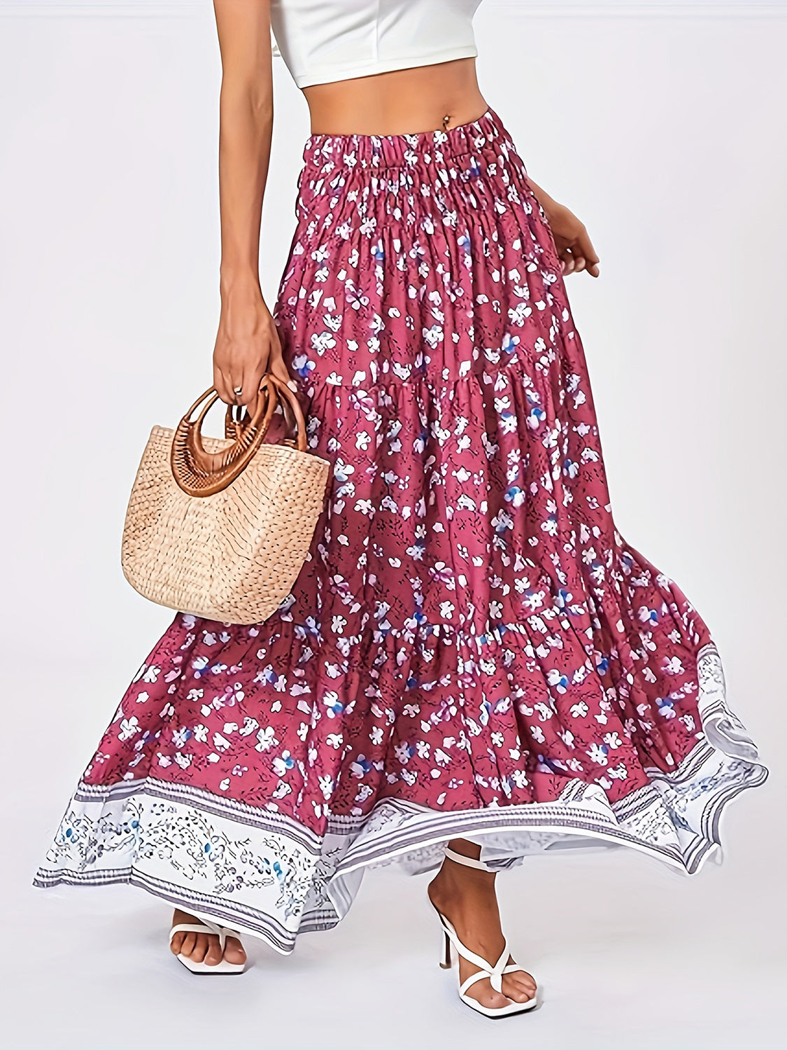 Full Size Tiered Printed Elastic Waist Skirt.