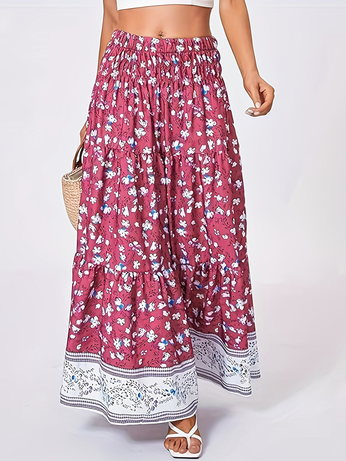 Full Size Tiered Printed Elastic Waist Skirt.