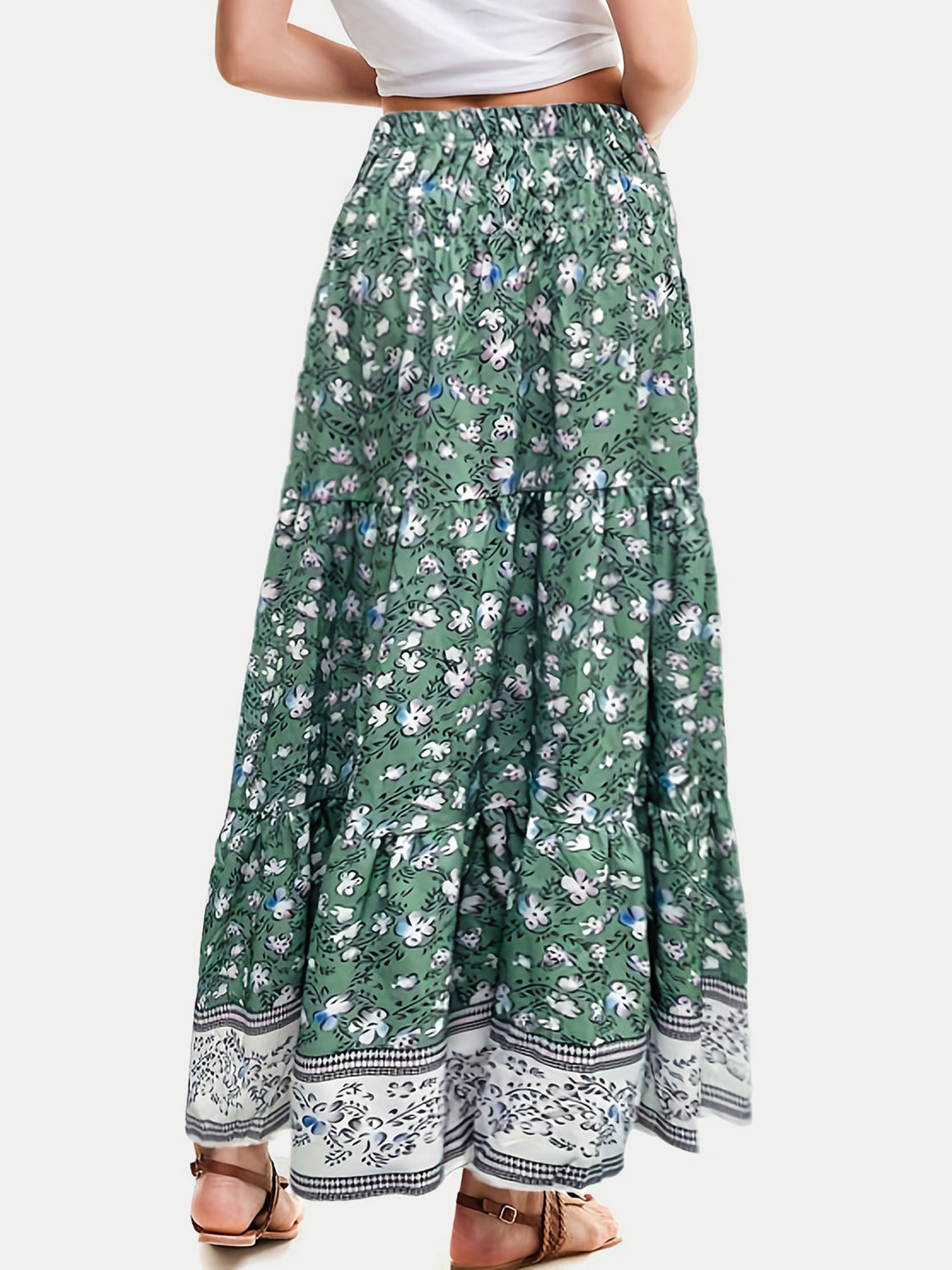 Full Size Tiered Printed Elastic Waist Skirt.