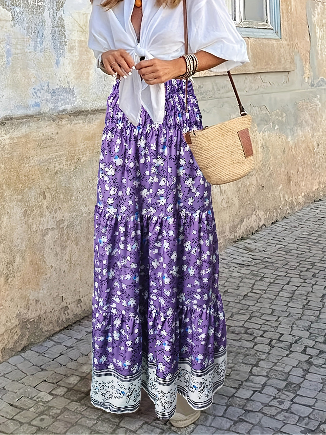 Full Size Tiered Printed Elastic Waist Skirt.