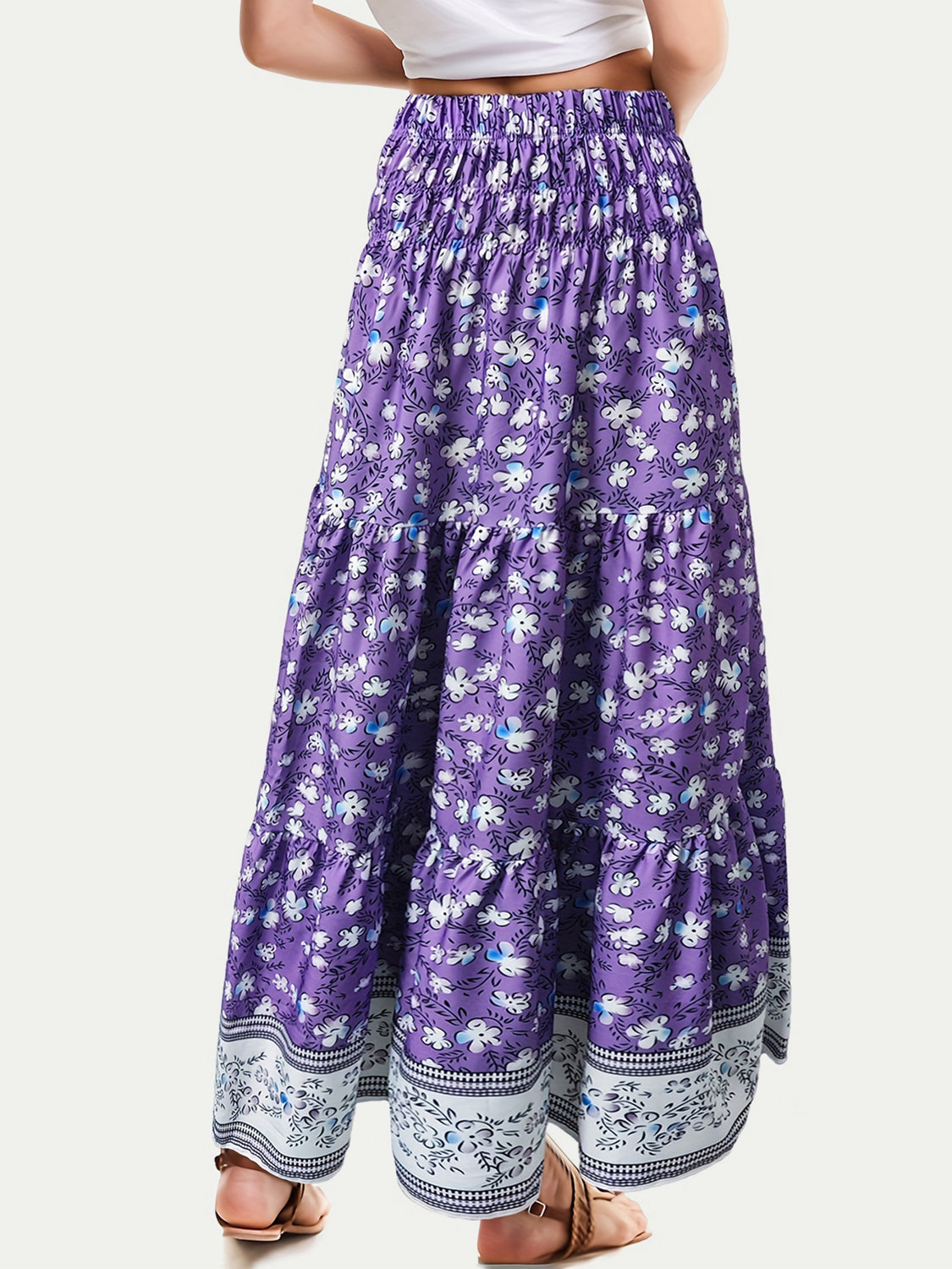 Full Size Tiered Printed Elastic Waist Skirt.