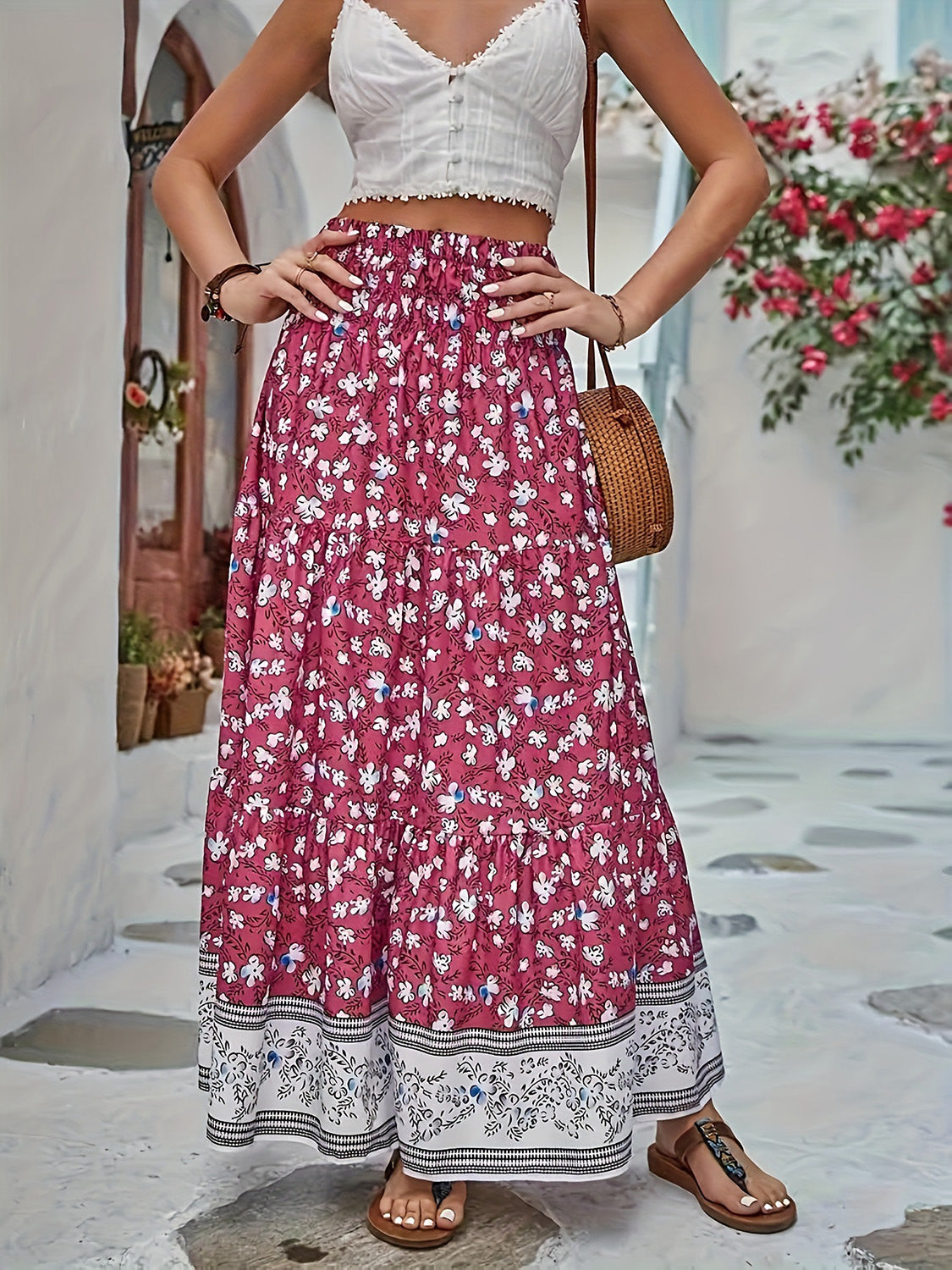 Full Size Tiered Printed Elastic Waist Skirt.