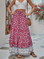 Full Size Tiered Printed Elastic Waist Skirt.