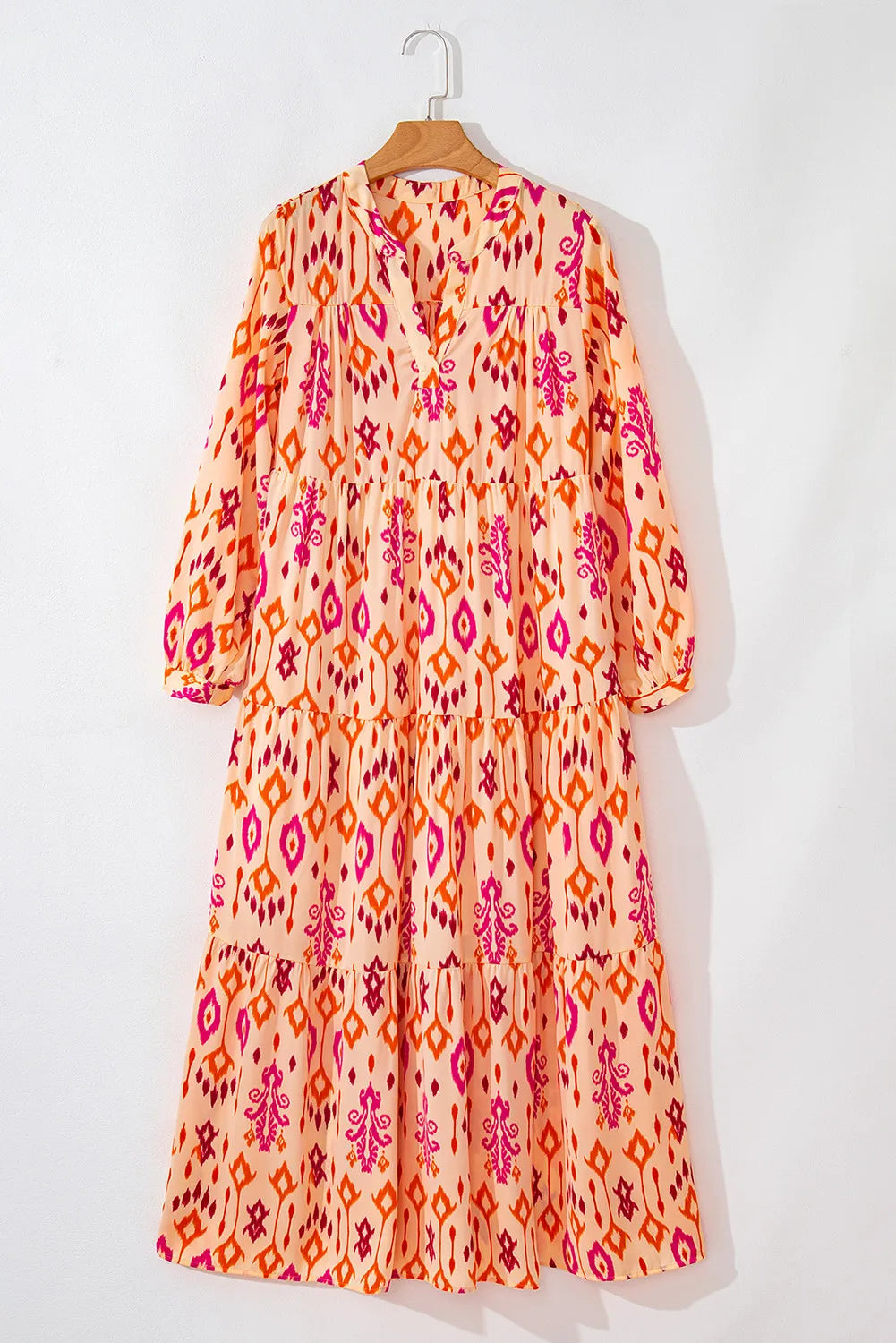 Tiered Printed Notched Long Sleeve Midi Dress.