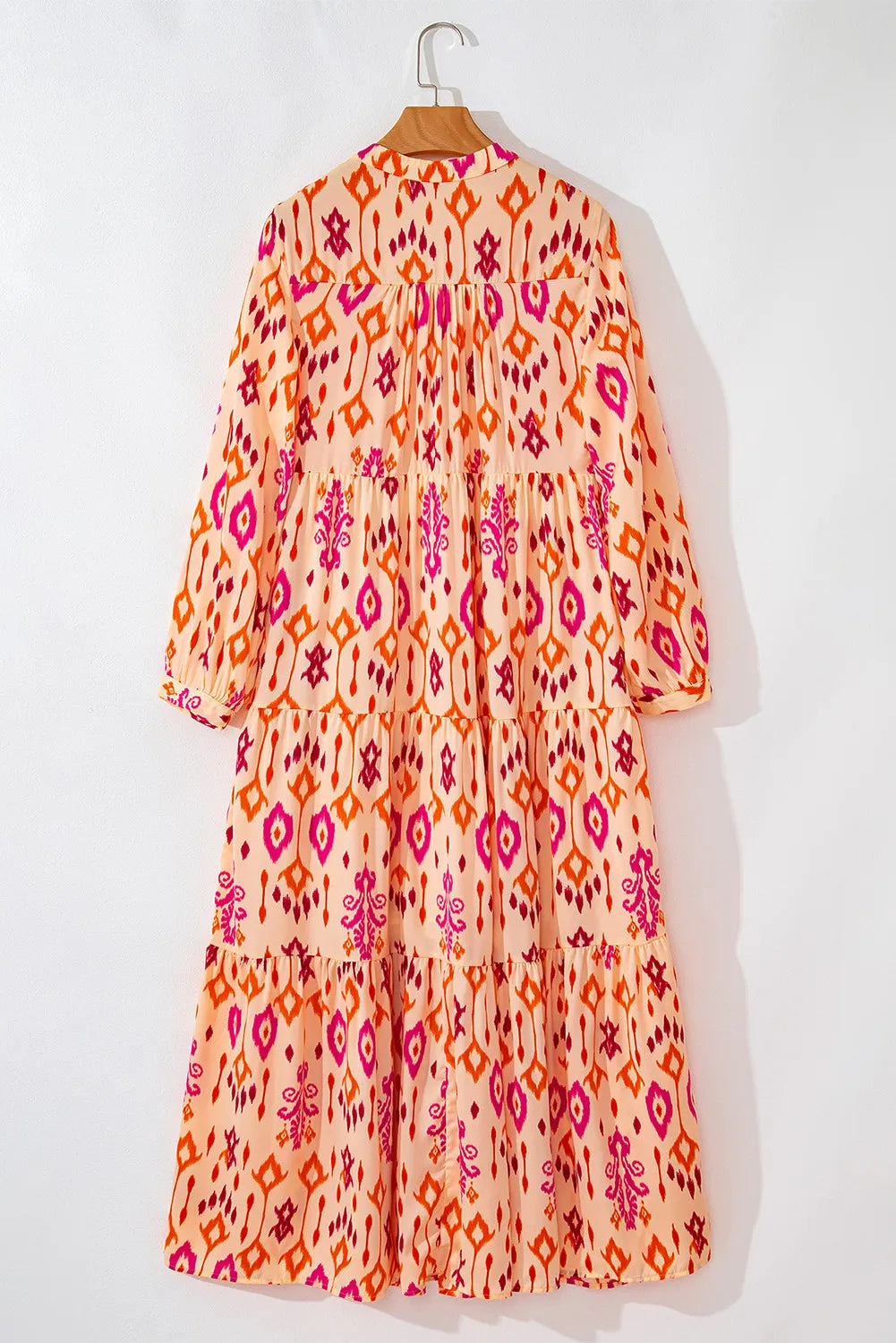 Tiered Printed Notched Long Sleeve Midi Dress.