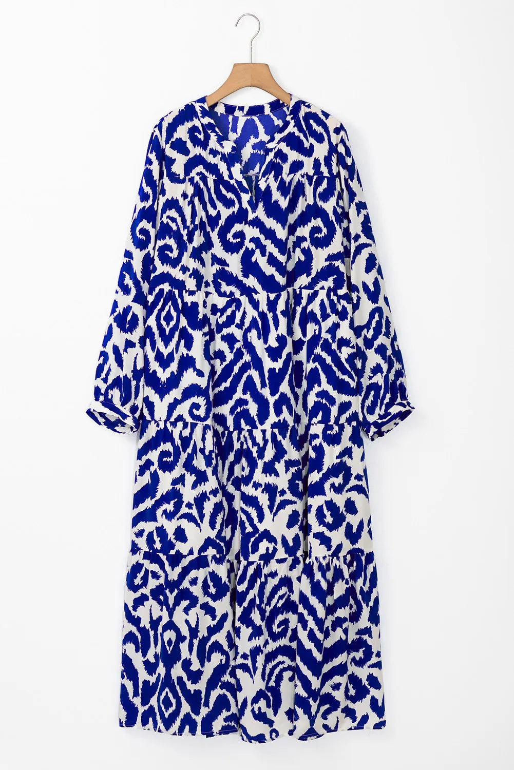 Tiered Printed Notched Long Sleeve Midi Dress.