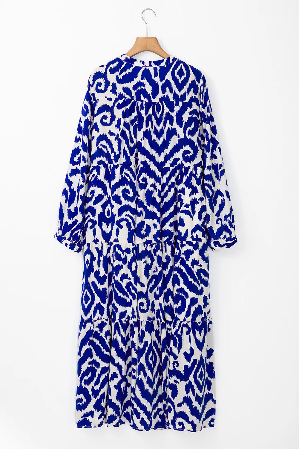 Tiered Printed Notched Long Sleeve Midi Dress.