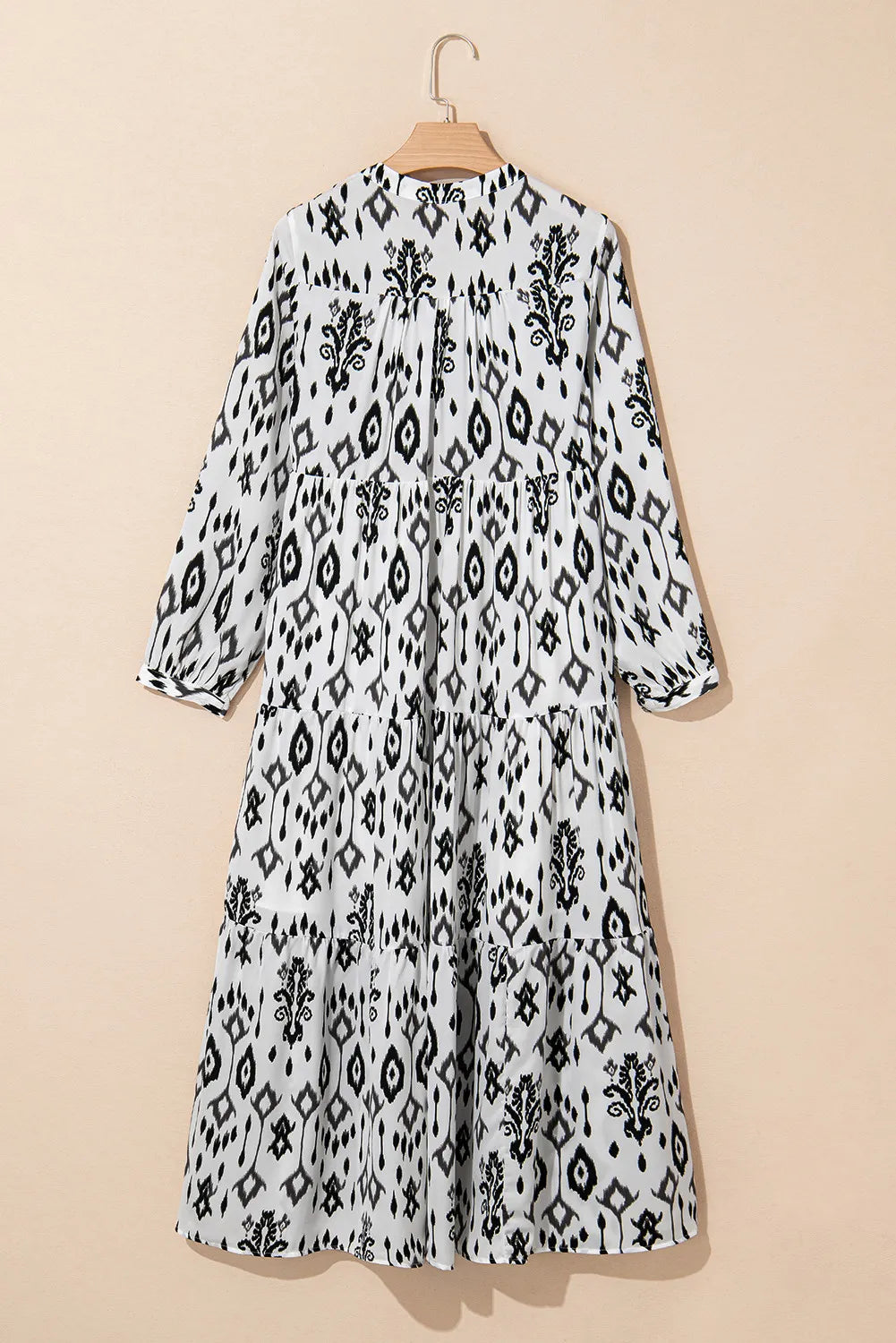 Tiered Printed Notched Long Sleeve Midi Dress.
