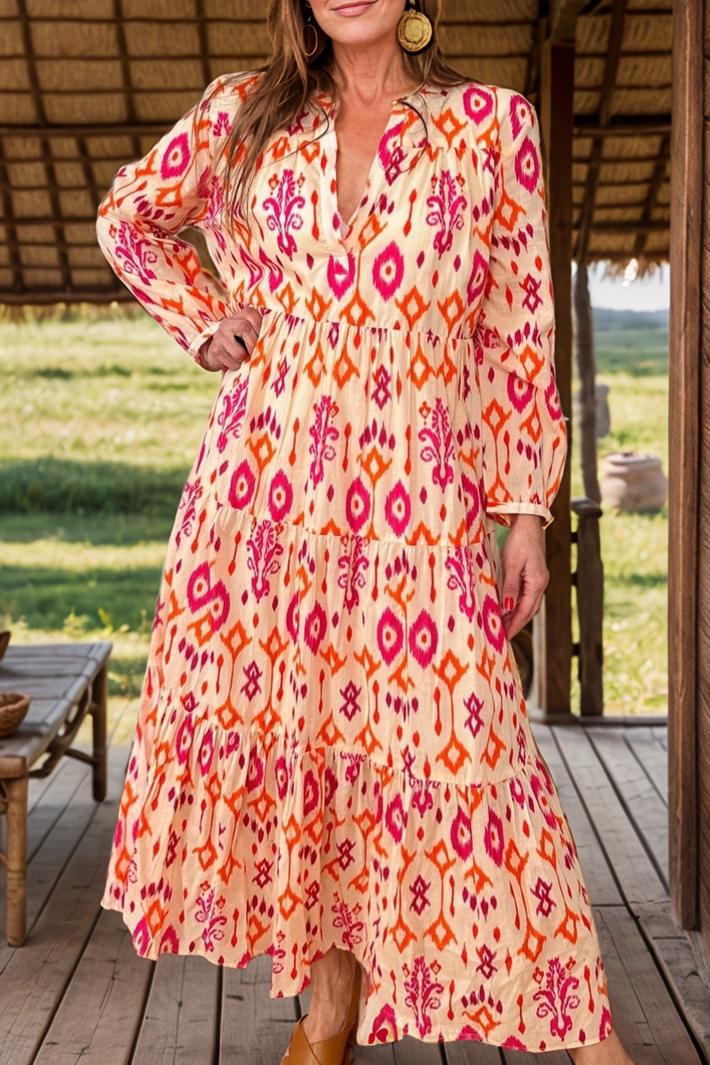 Tiered Printed Notched Long Sleeve Midi Dress.