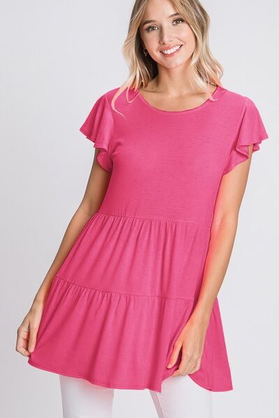 Heimish Full Size Tiered Round Neck Ruffle Sleeve Top, plus size.