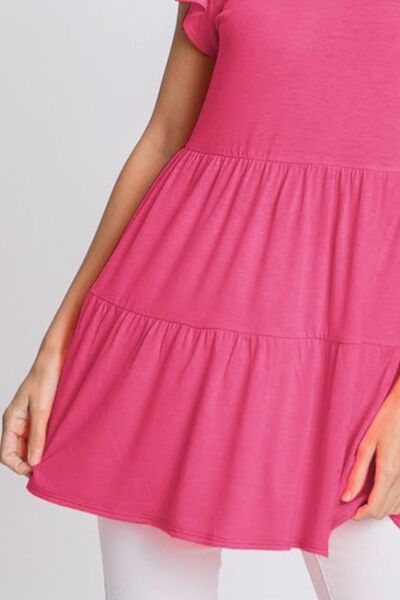 Heimish Full Size Tiered Round Neck Ruffle Sleeve Top, plus size.