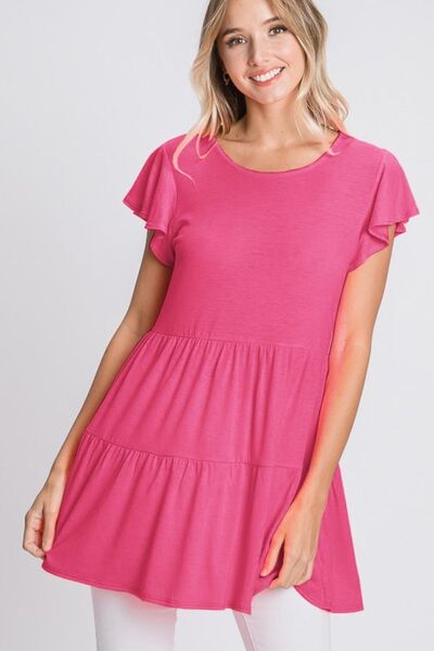 Heimish Full Size Tiered Round Neck Ruffle Sleeve Top, plus size.
