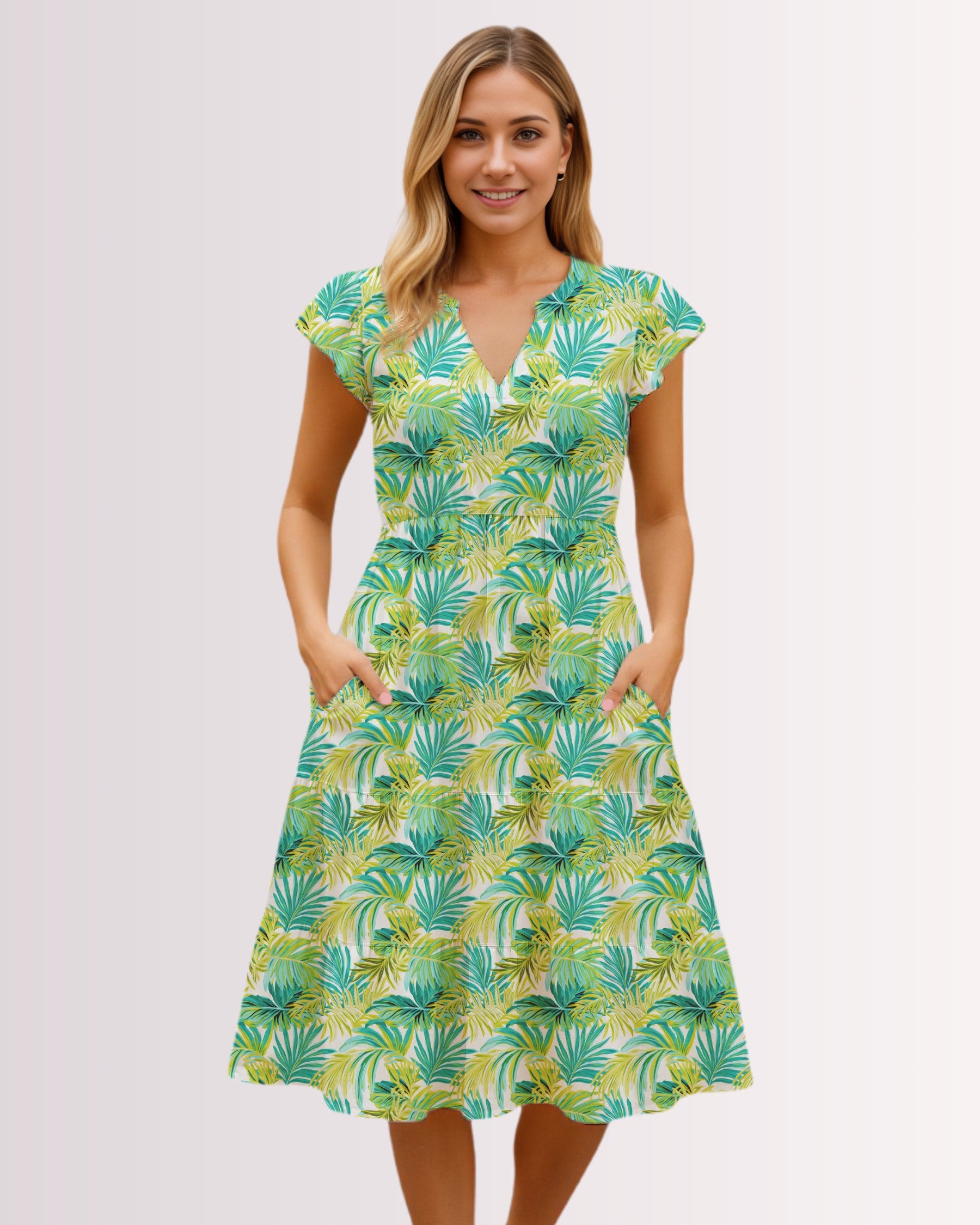 Tiered Midi Dress - Palm Leaves I