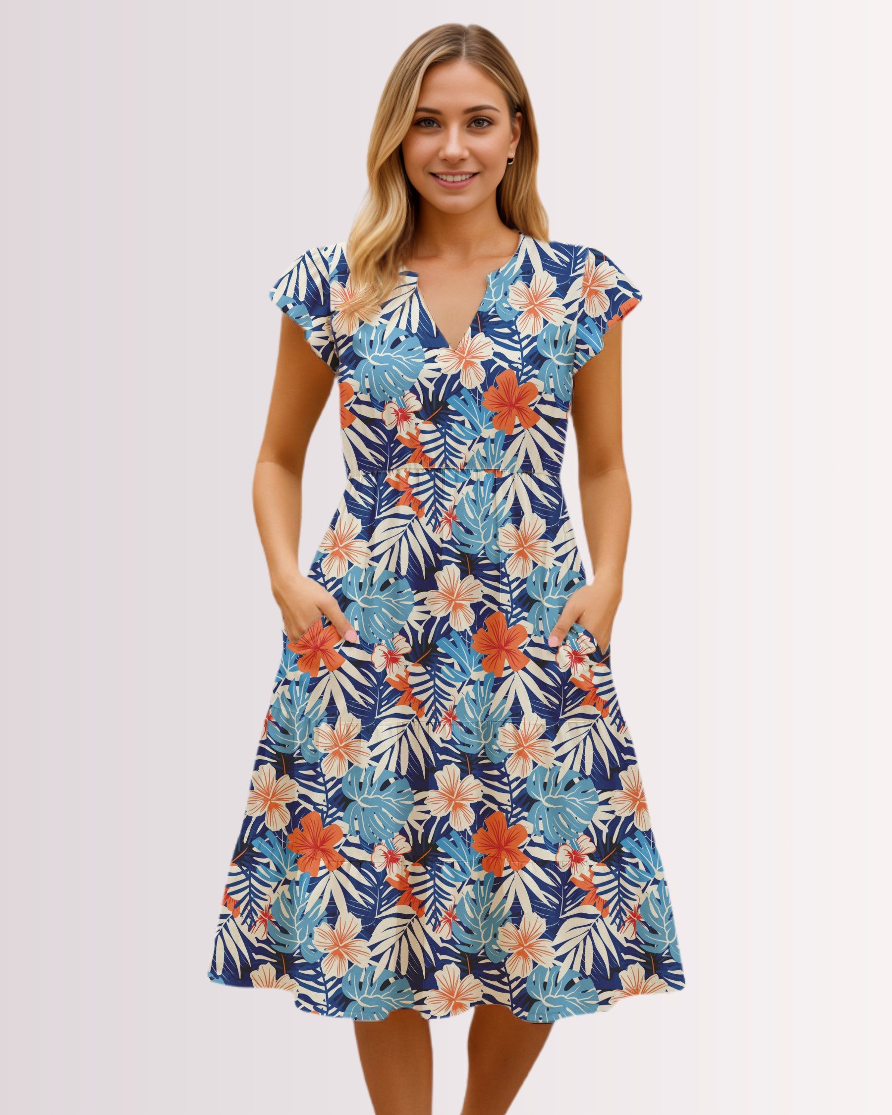 Tiered Midi Dress - Blue Tropoical II