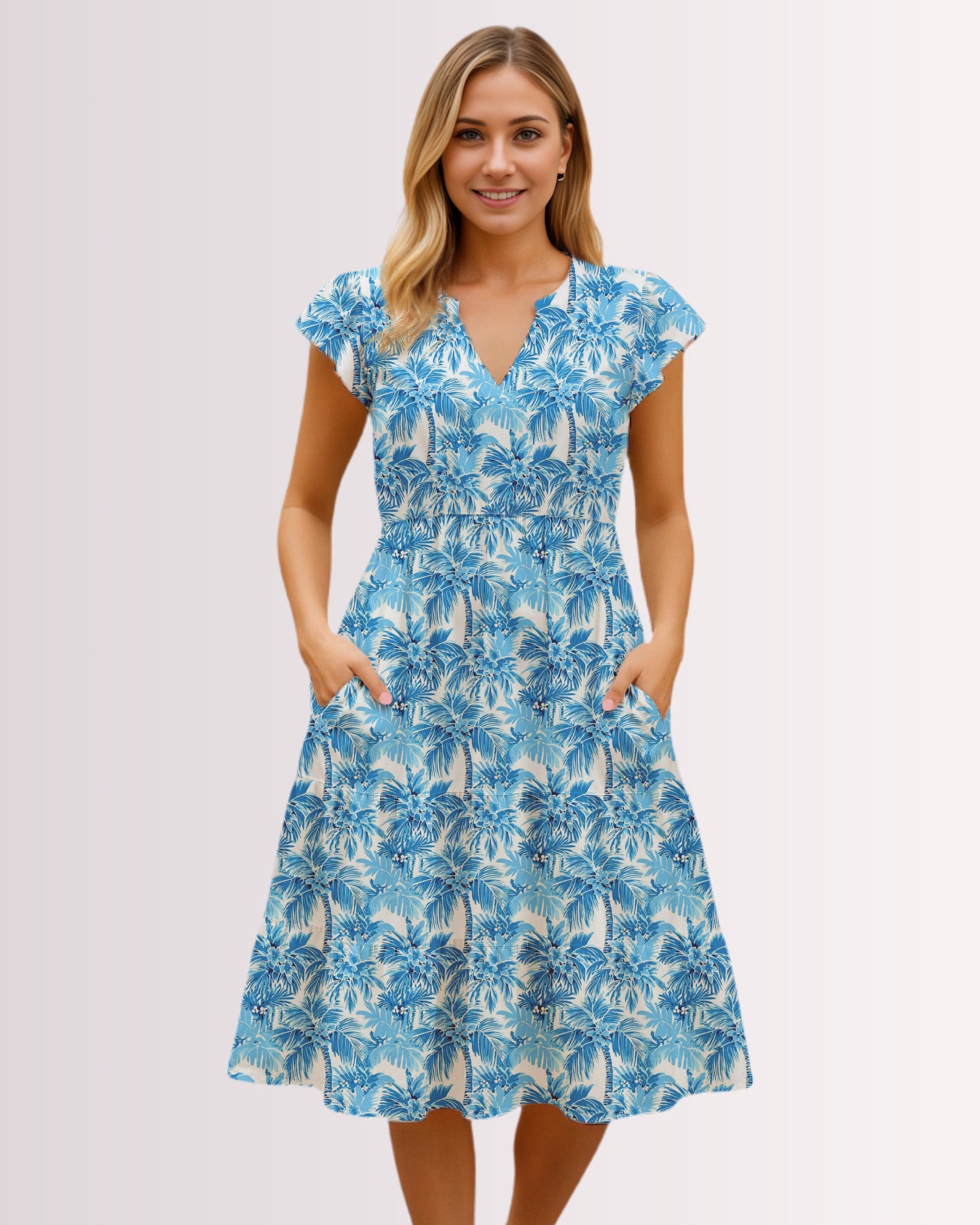 Tiered Midi Dress - Blue Palm Trees I
