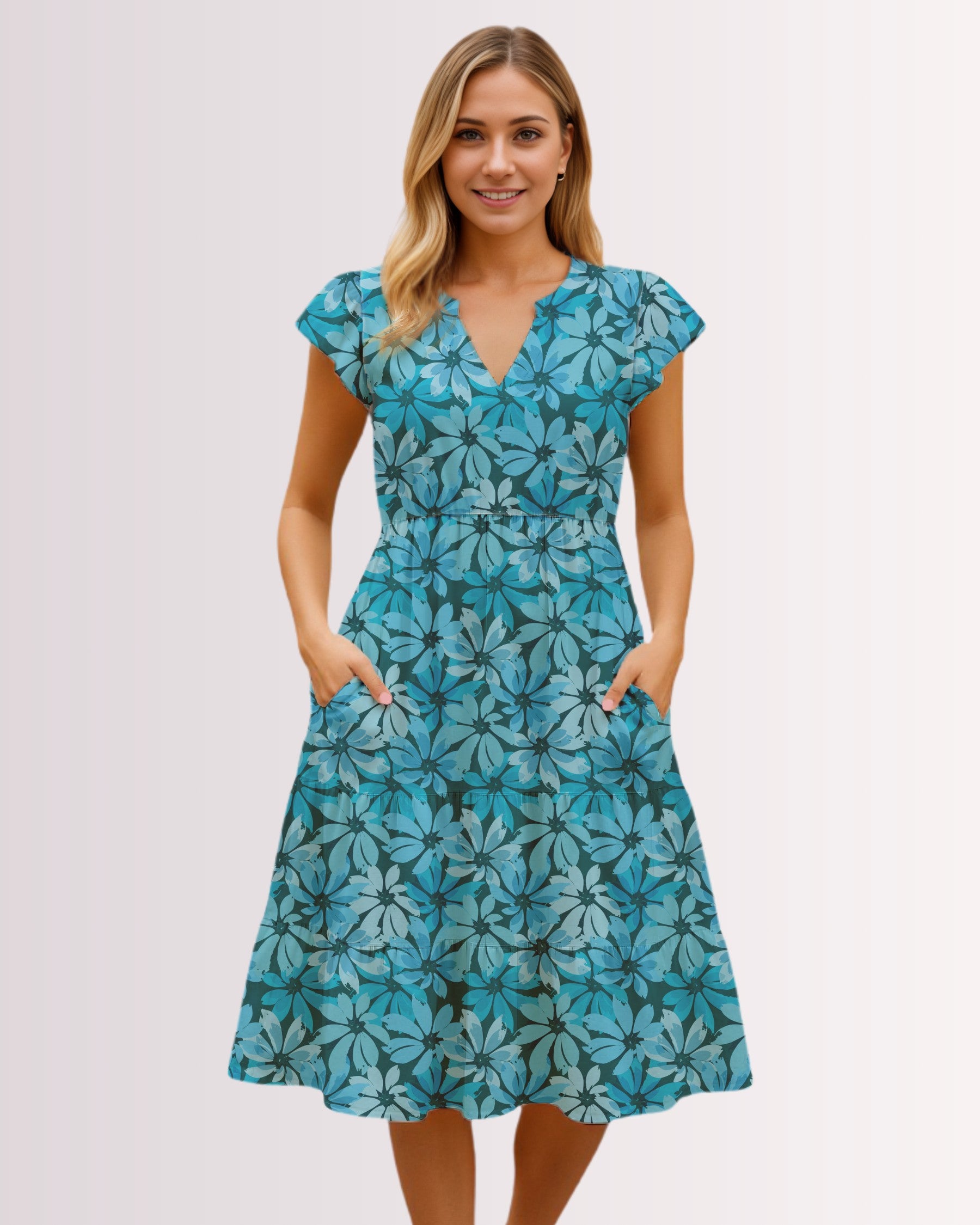 Tiered Midi Dress - Tropical Blue Floral I