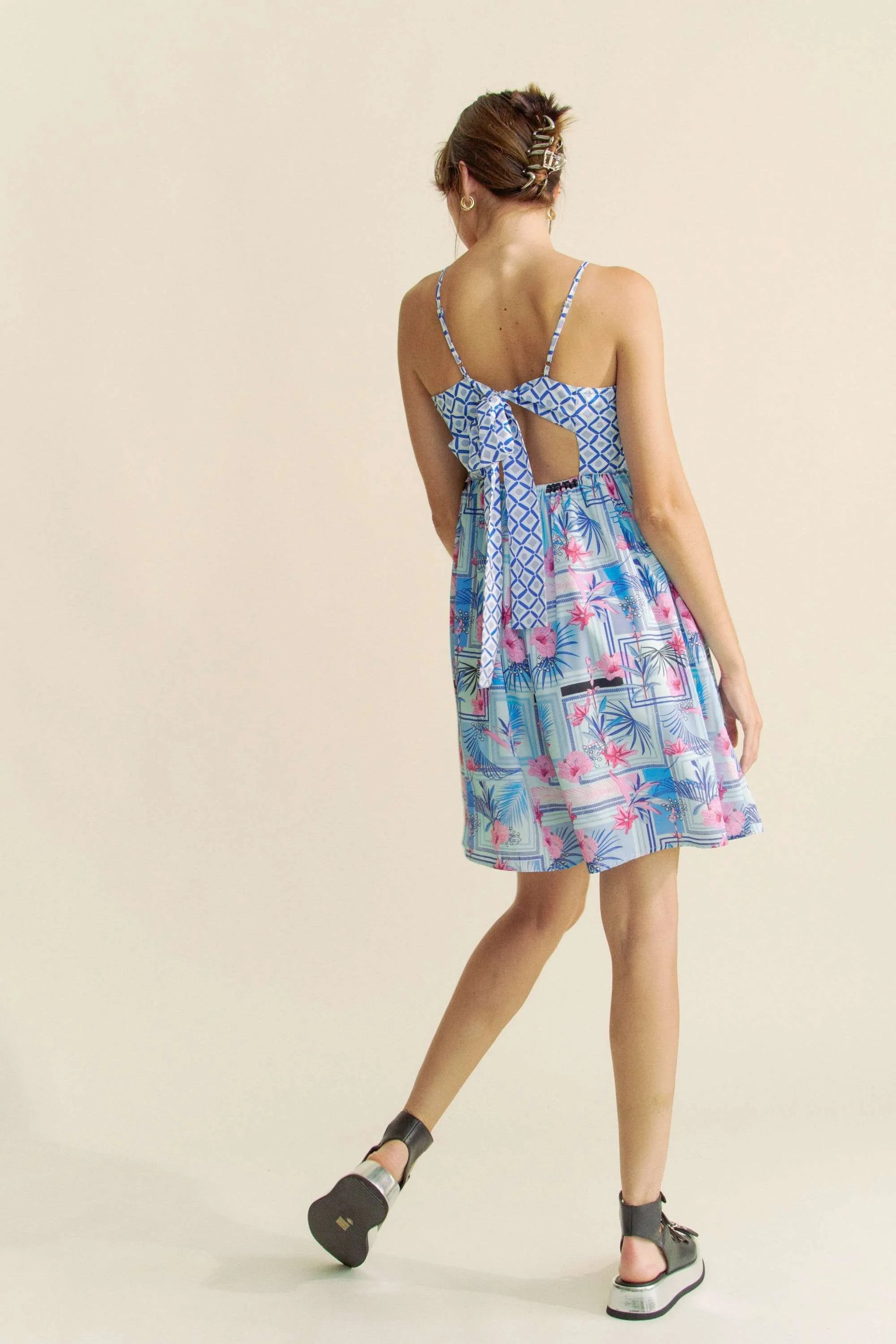 Tropical Floral Geo Print Tie Back Tube Top Romper