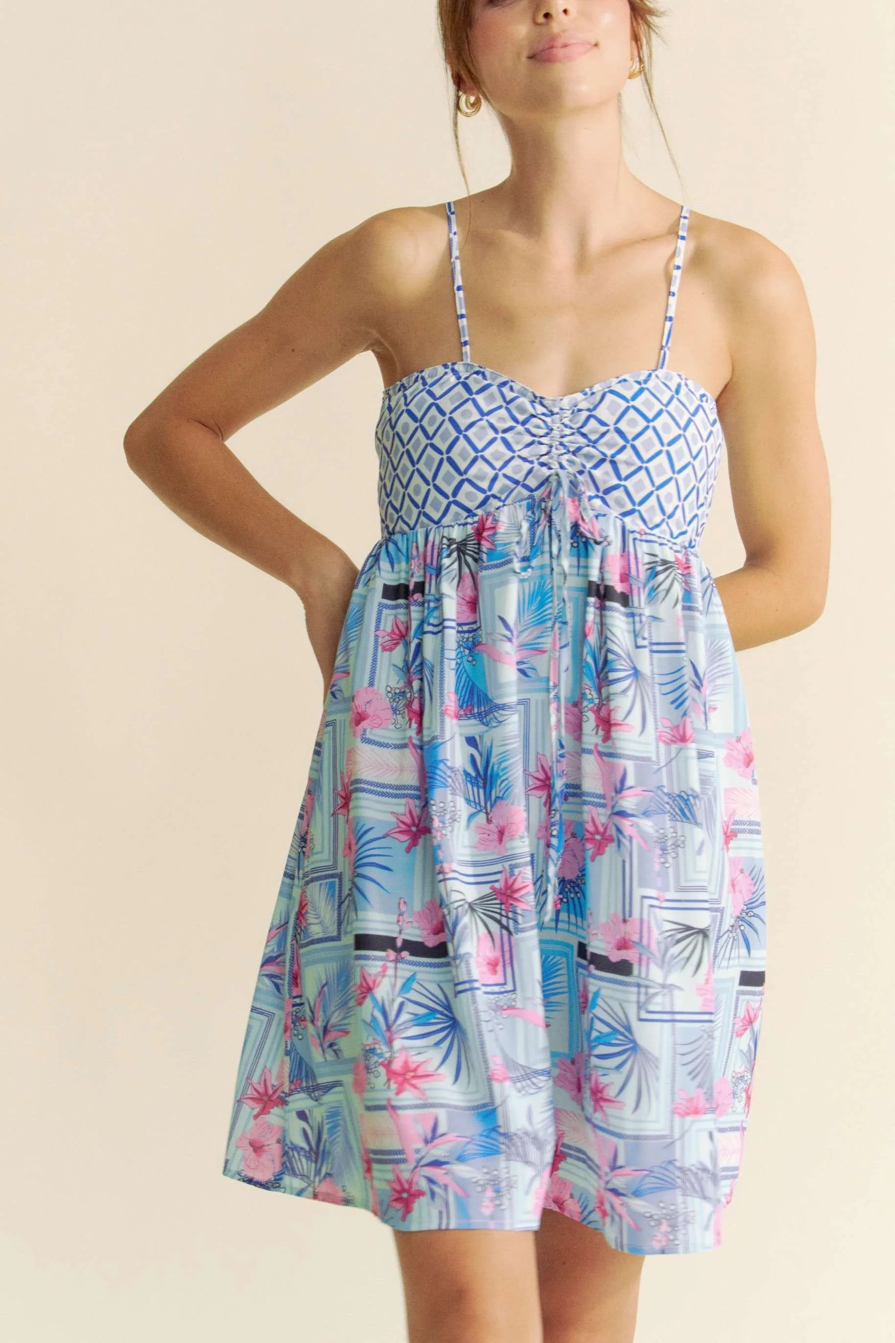 Tropical Floral Geo Print Tie Back Tube Top Romper