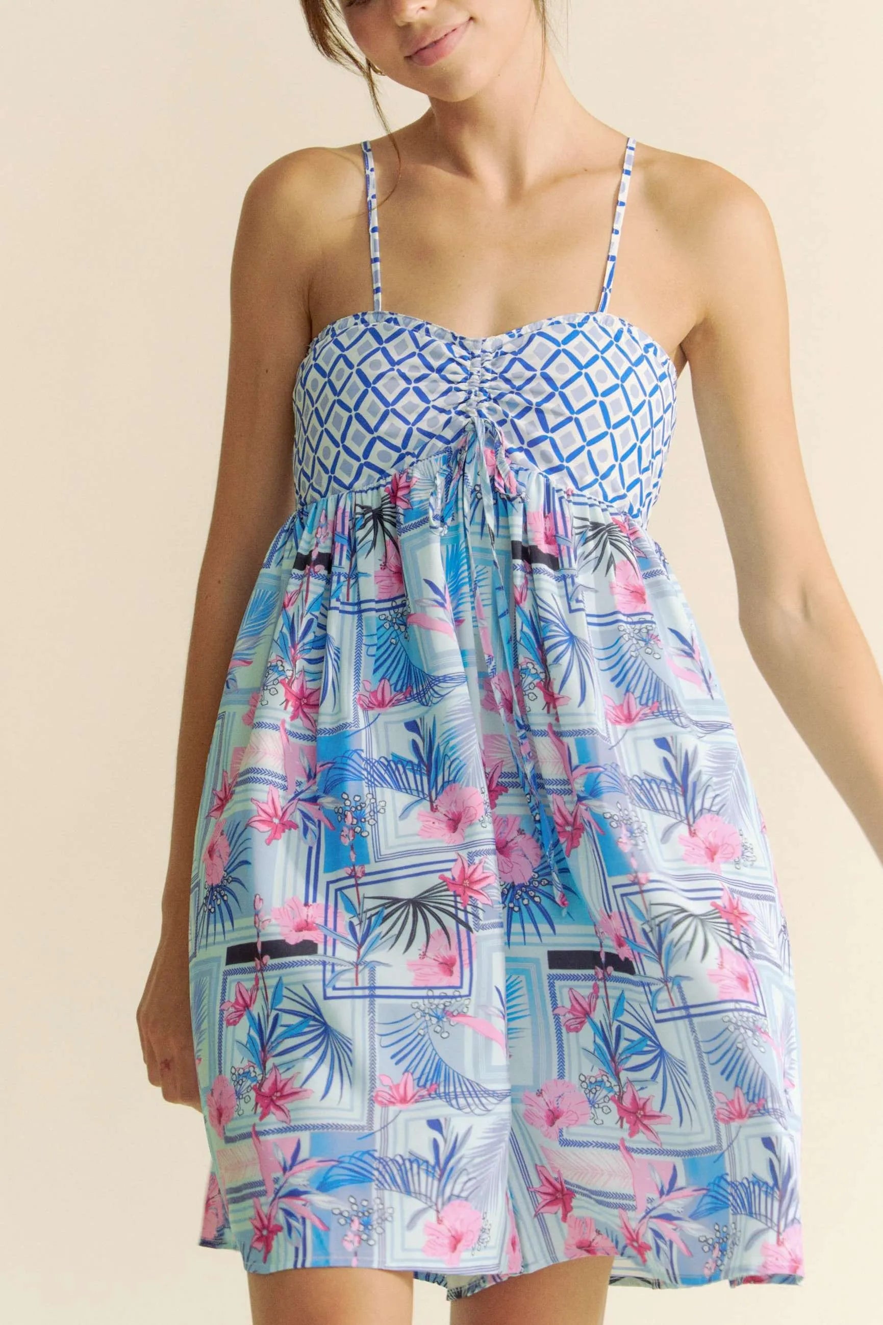 Tropical Floral Geo Print Tie Back Tube Top Romper