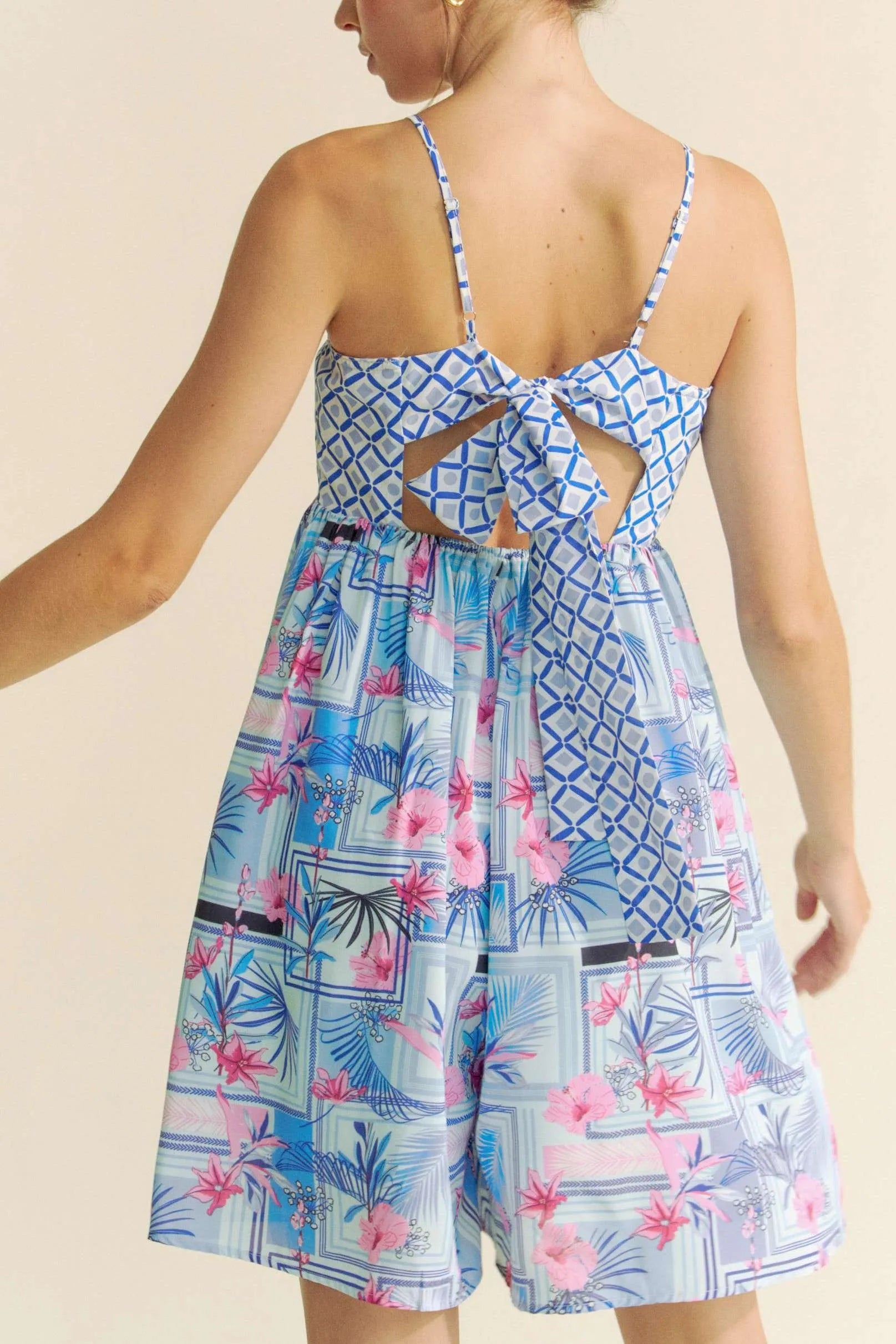 Tropical Floral Geo Print Tie Back Tube Top Romper