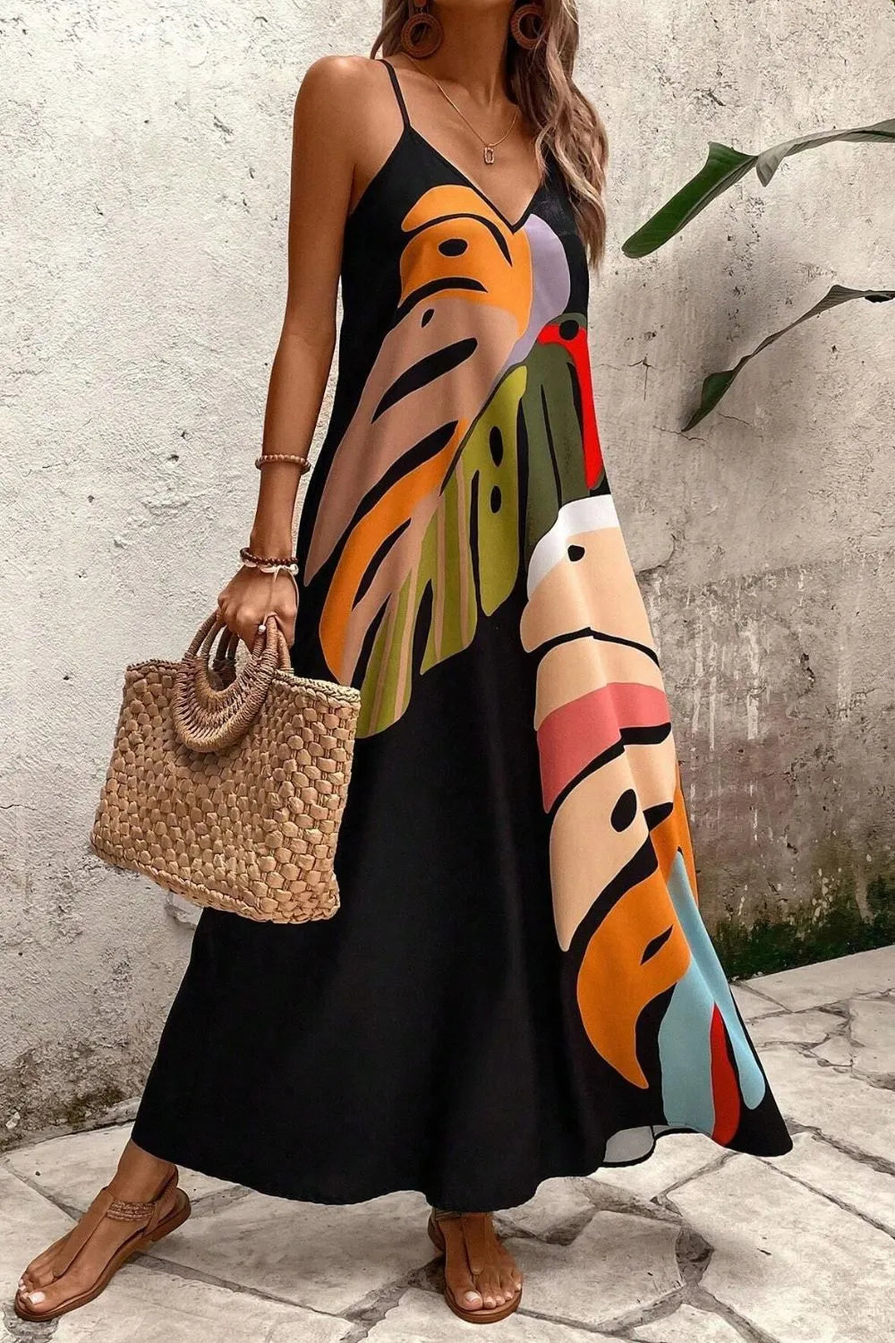 Tropical Leaf Print V-Neck Maxi Cami Dress.