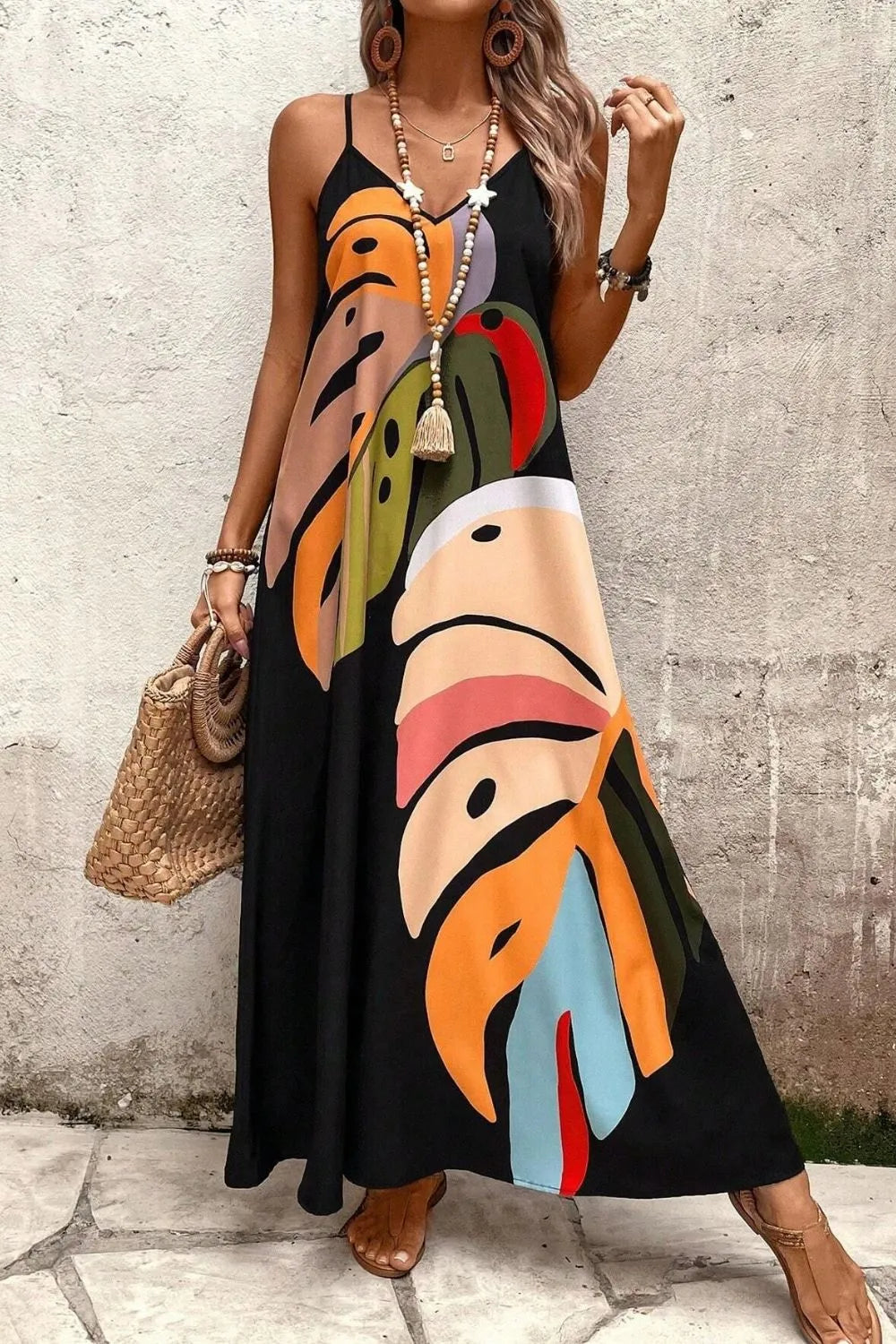 Tropical Leaf Print V-Neck Maxi Cami Dress.