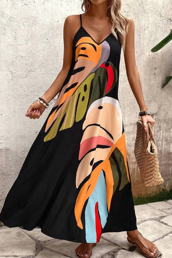 Tropical Leaf Print V-Neck Maxi Cami Dress.