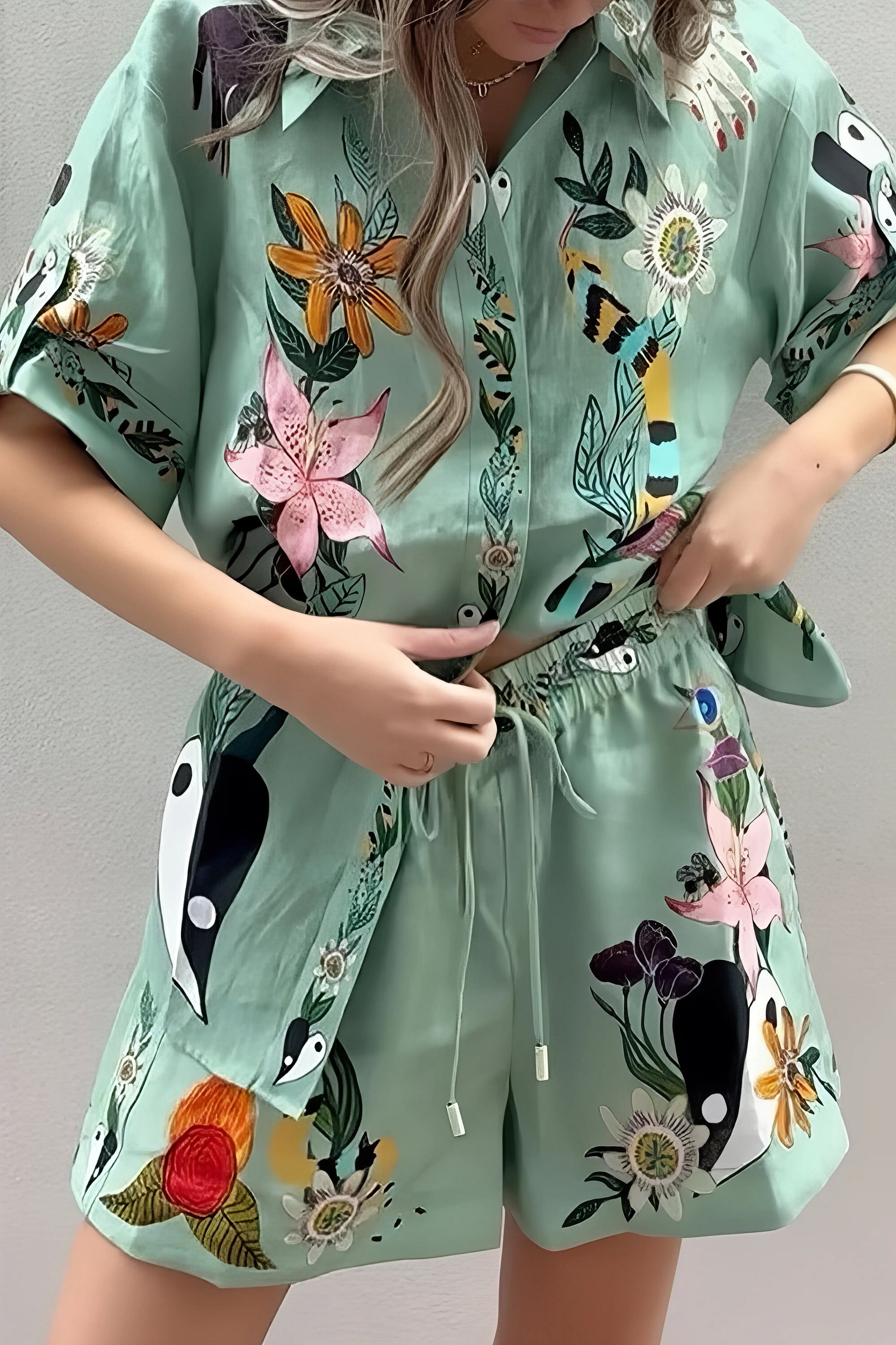 Tropical paradise floral print shirt and shorts set, women's stylish two-piece outfit, comfortable tropical print, oversized shirt, buttoned details, practical pockets, drawstring shorts, non-stretch polyester, ideal for vacation or summer outings