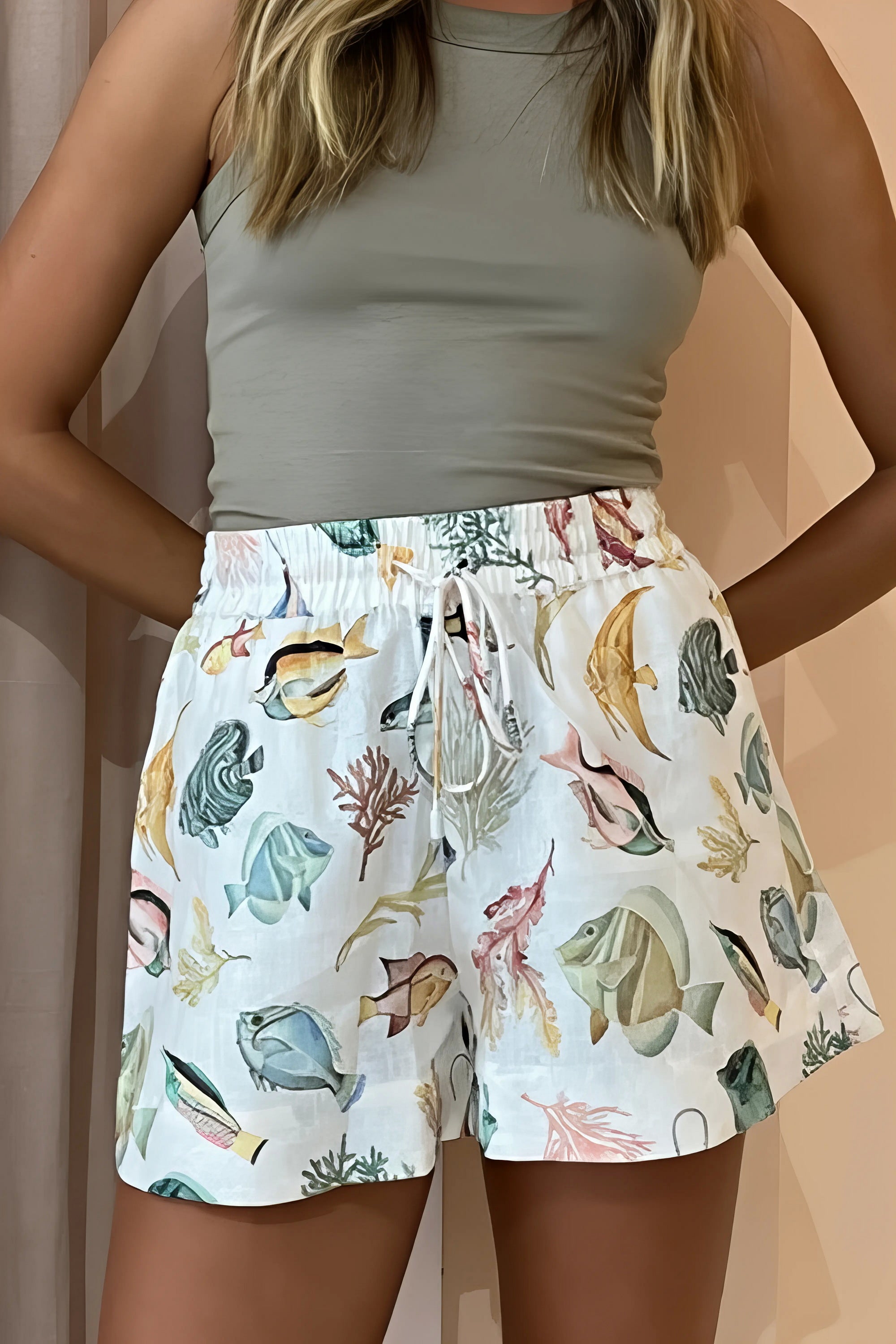 tropical print oversized button up shirt and shorts set, relaxed stylish women's outfit, vacation ready two-piece set, comfortable tropical print, oversized shirt, flowy shorts, ideal for summer getaways