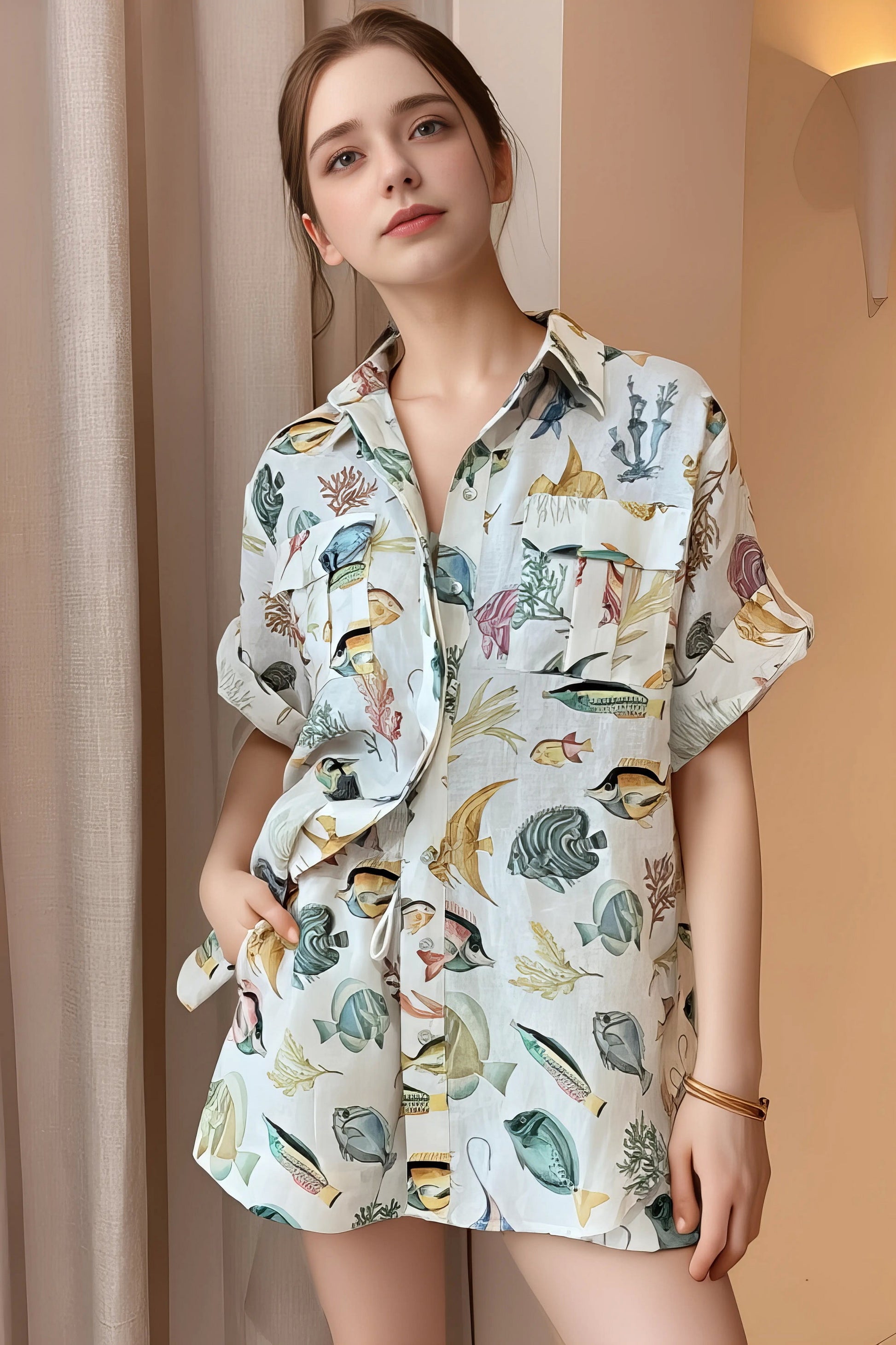 tropical print oversized button up shirt and shorts set, relaxed stylish women's outfit, vacation ready two-piece set, comfortable tropical print, oversized shirt, flowy shorts, ideal for summer getaways