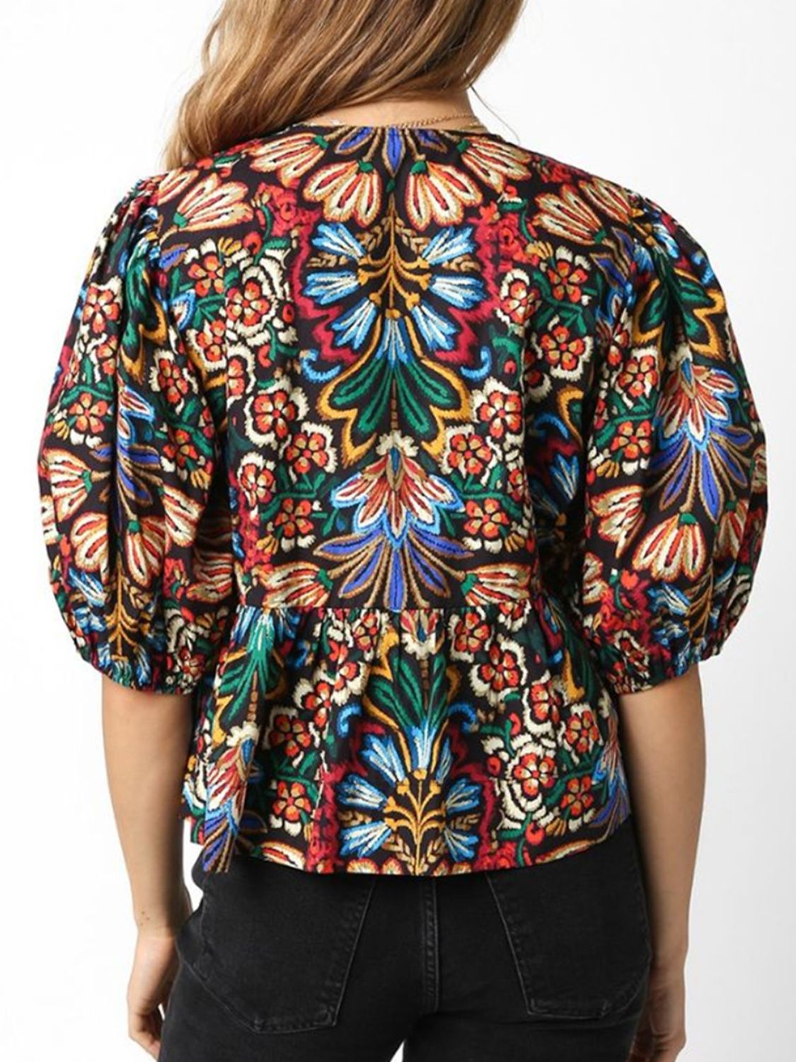 Tropical Print Puff Sleeve Knot Front Blouse.