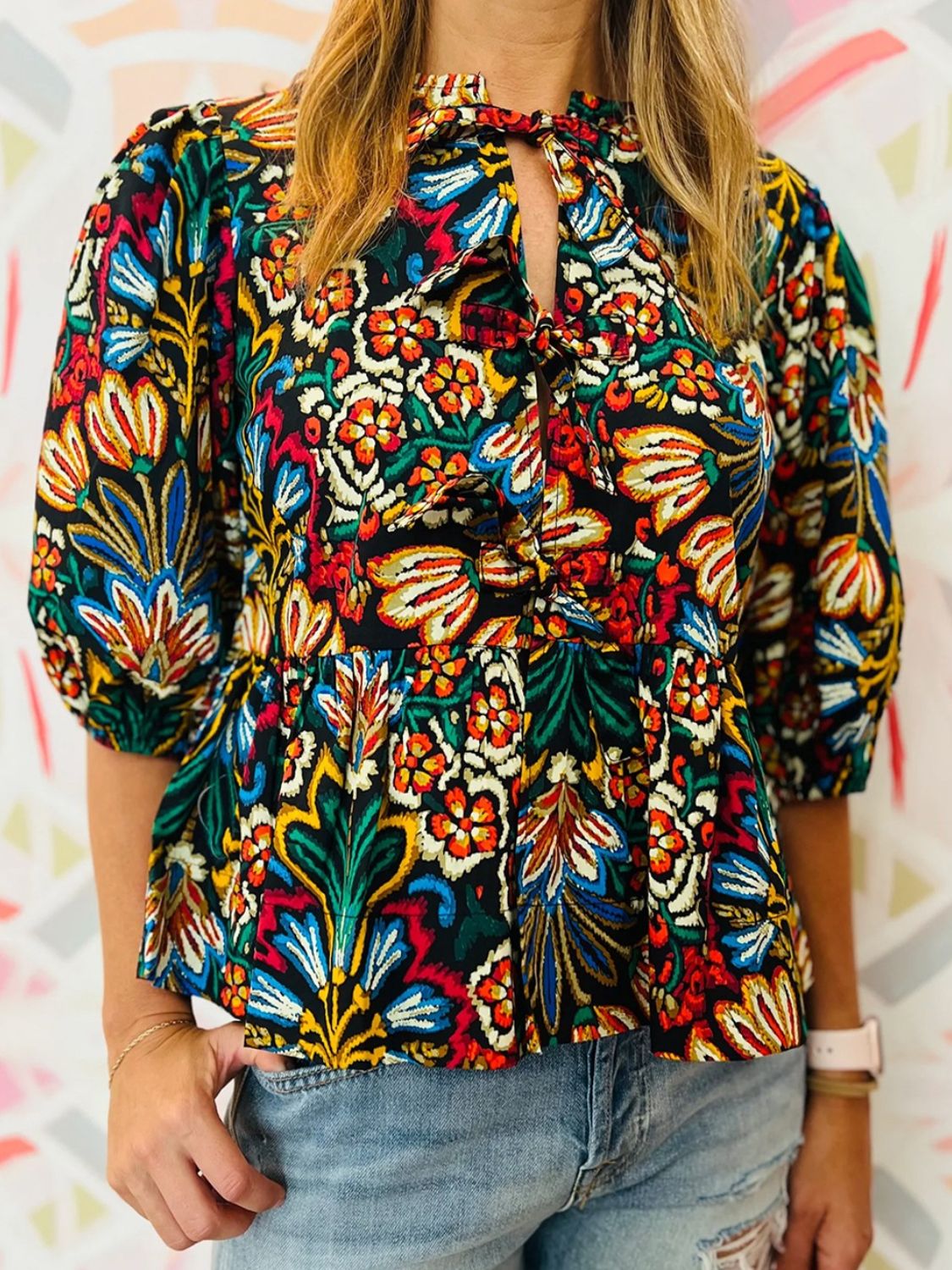 Tropical Print Puff Sleeve Knot Front Blouse.