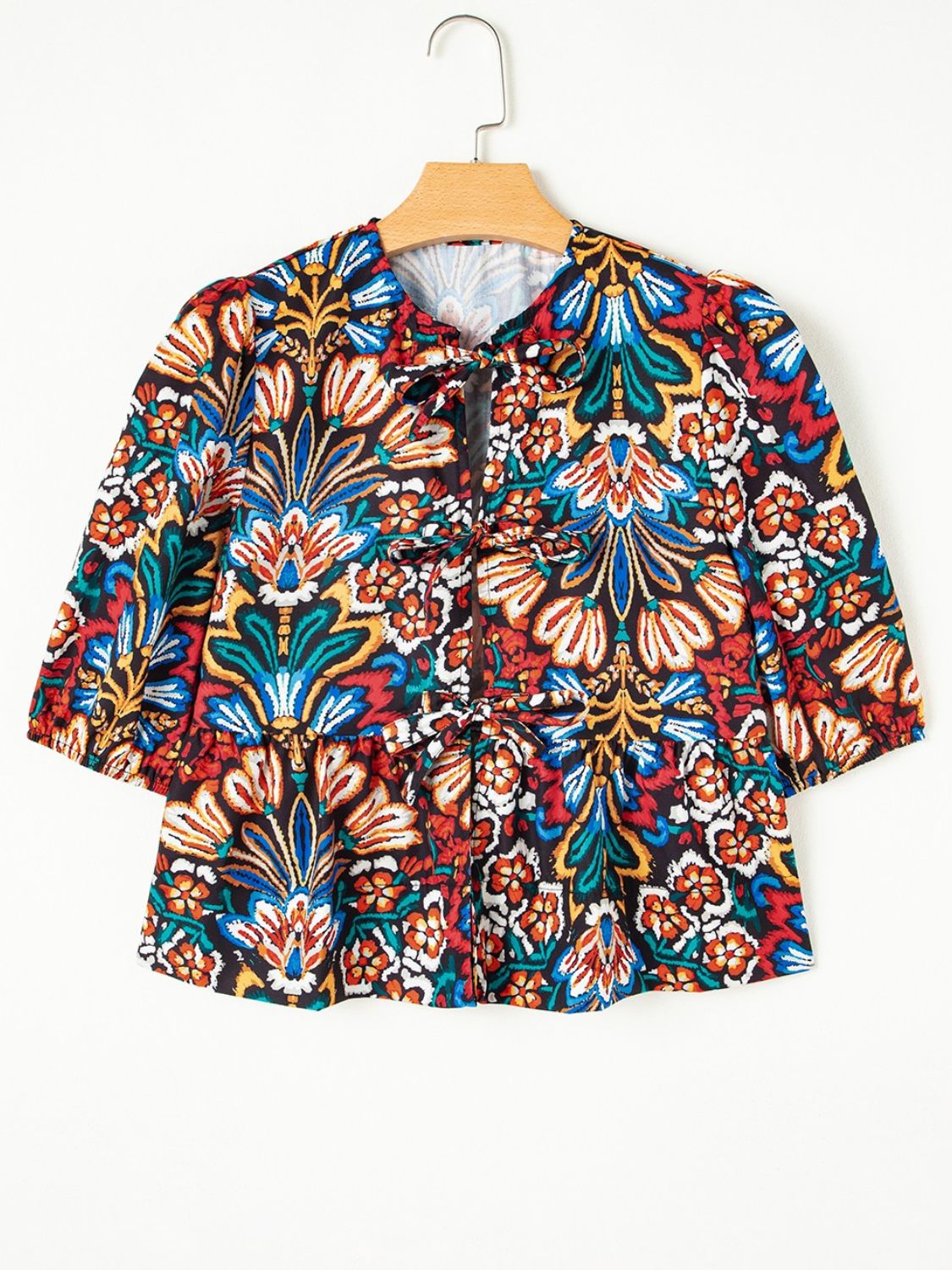 Tropical Print Puff Sleeve Knot Front Blouse.