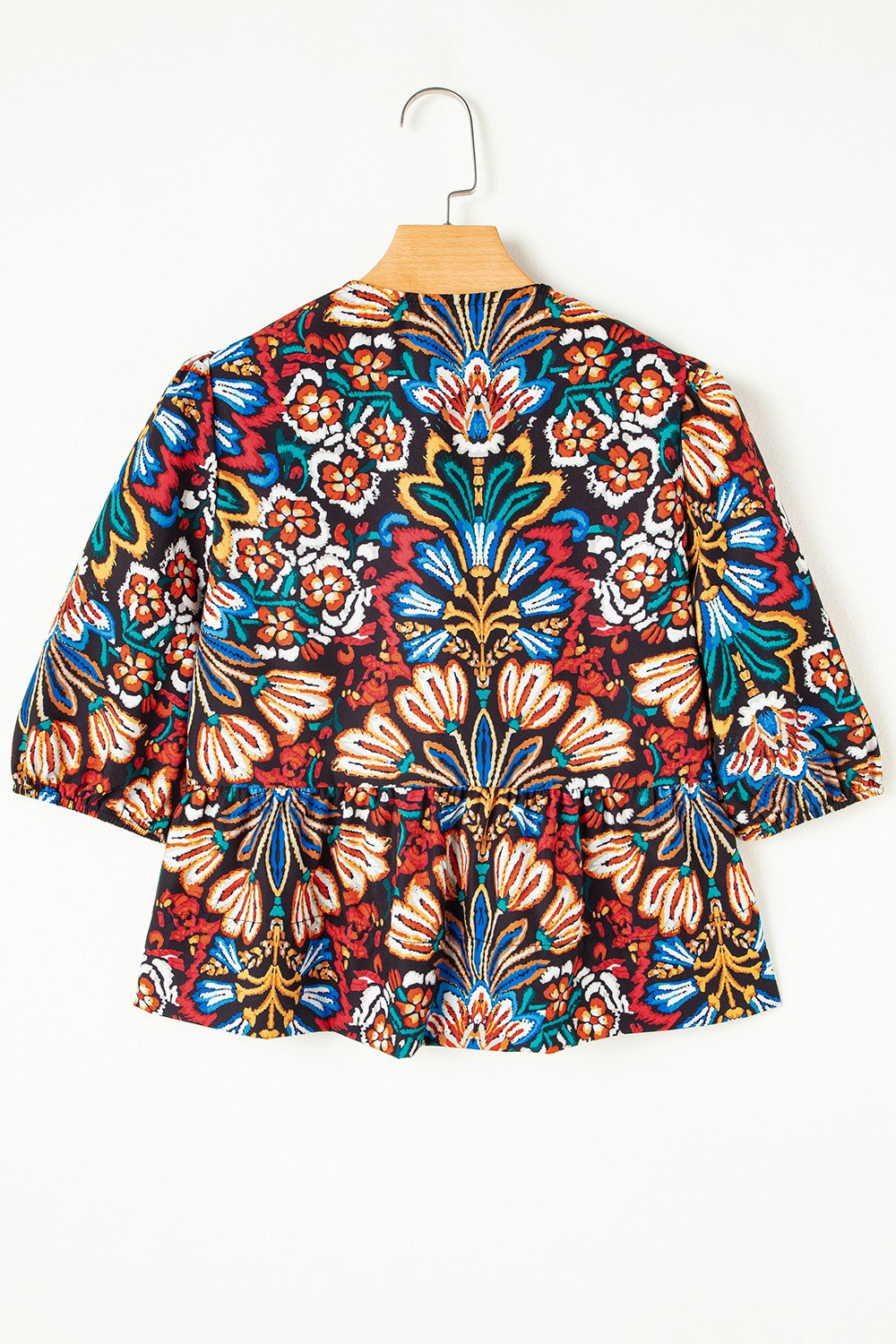 Tropical Print Puff Sleeve Knot Front Blouse.