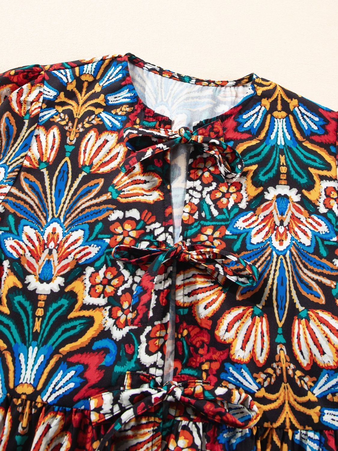 Tropical Print Puff Sleeve Knot Front Blouse.