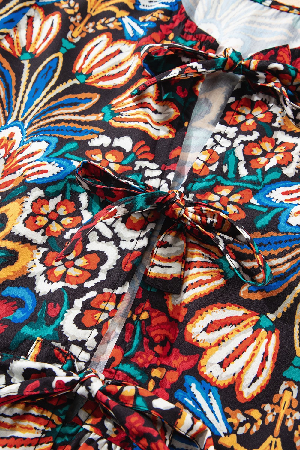 Tropical Print Puff Sleeve Knot Front Blouse.