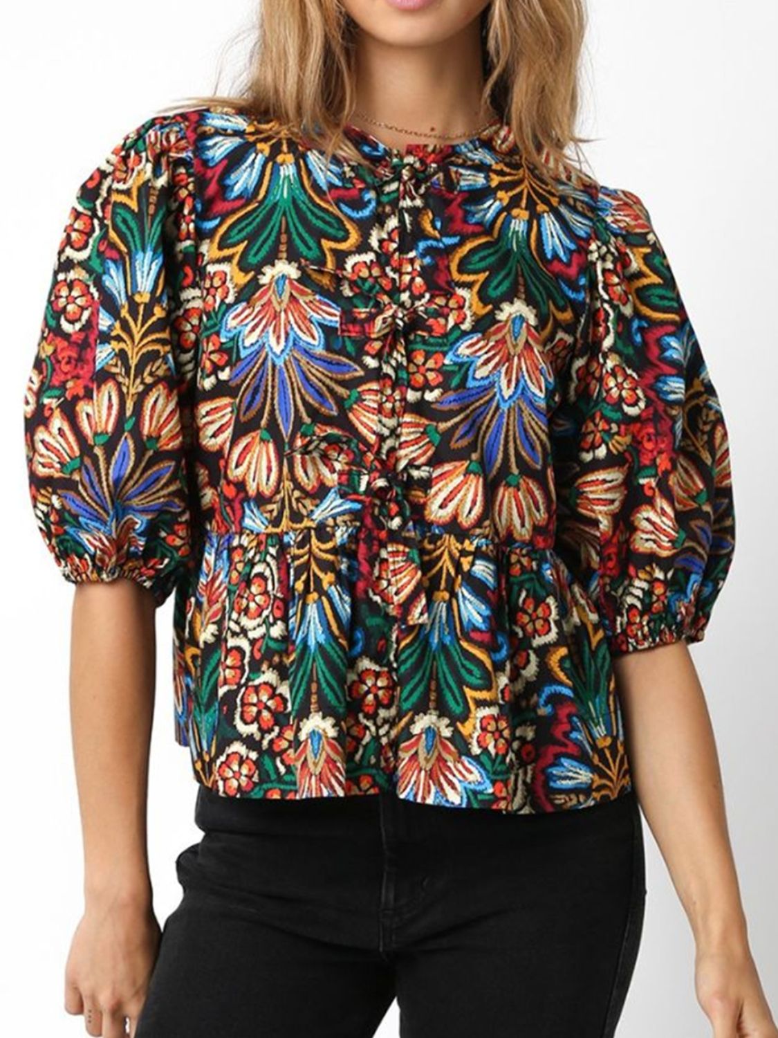 Tropical Print Puff Sleeve Knot Front Blouse.
