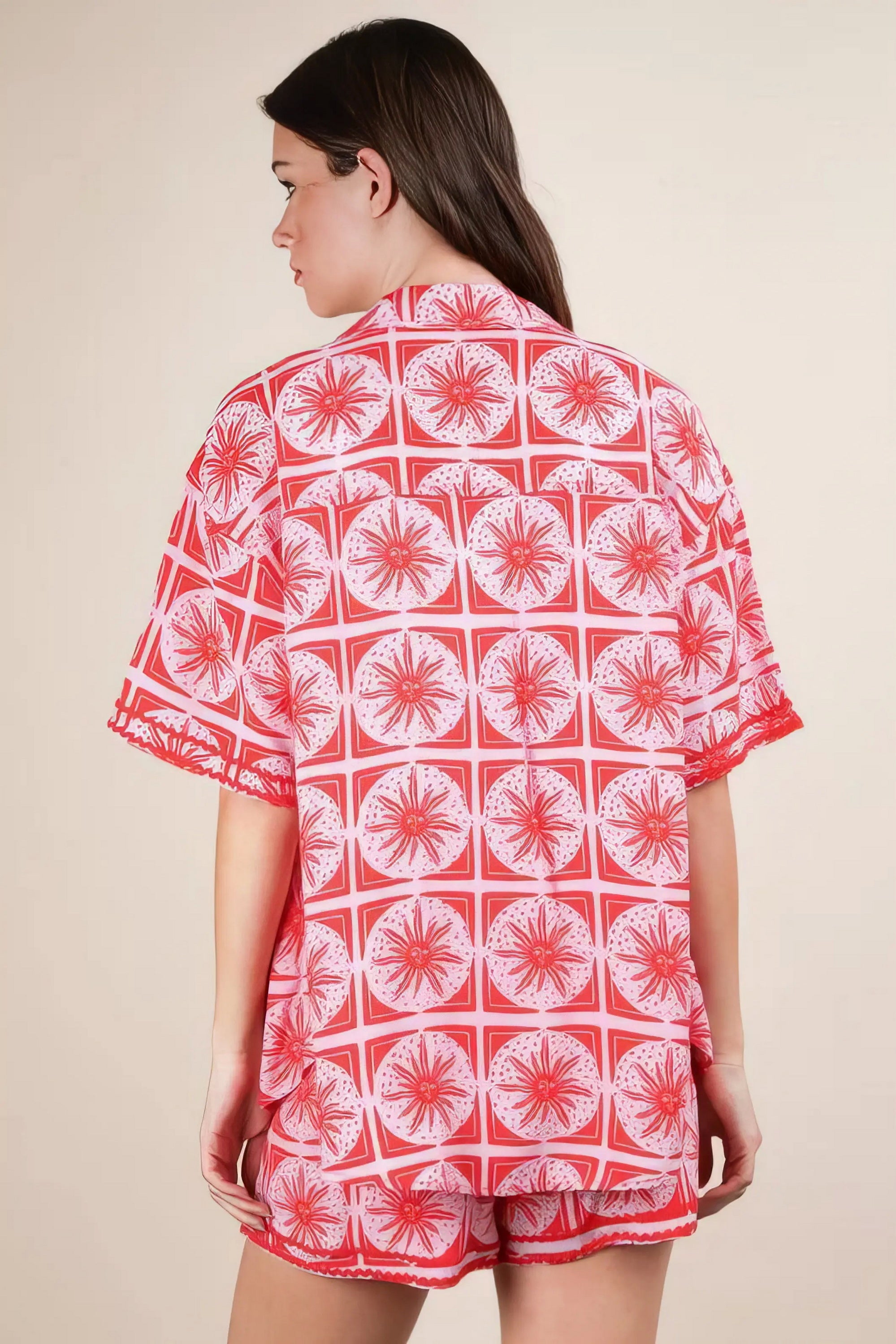 plus size tropical printed shirt top and shorts set, vibrant vacation style outfit, comfortable women's two-piece set, lush tropical print, relaxed fit top and shorts, ideal for beach days or summer outings