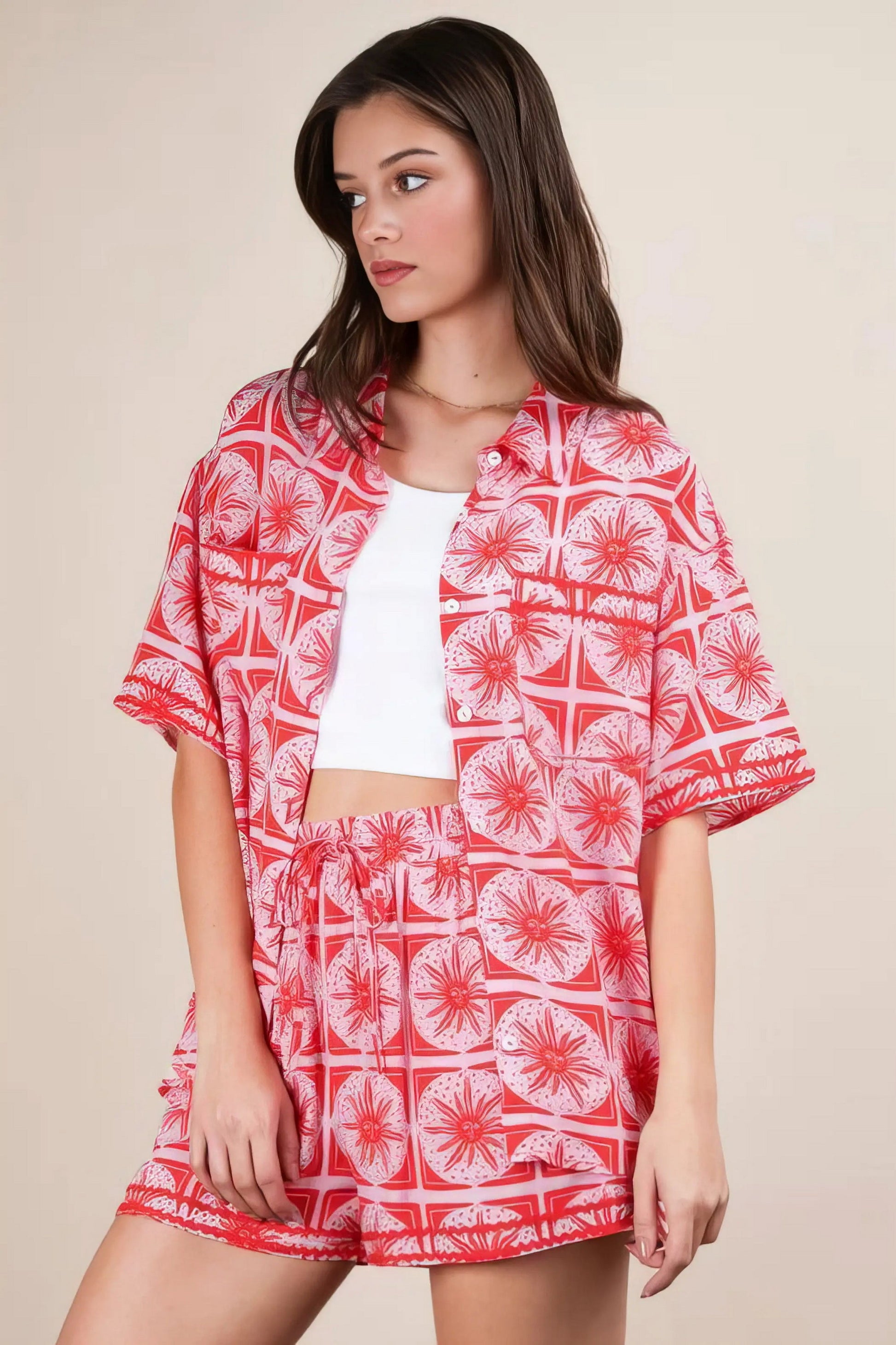 plus size tropical printed shirt top and shorts set, vibrant vacation style outfit, comfortable women's two-piece set, lush tropical print, relaxed fit top and shorts, ideal for beach days or summer outings