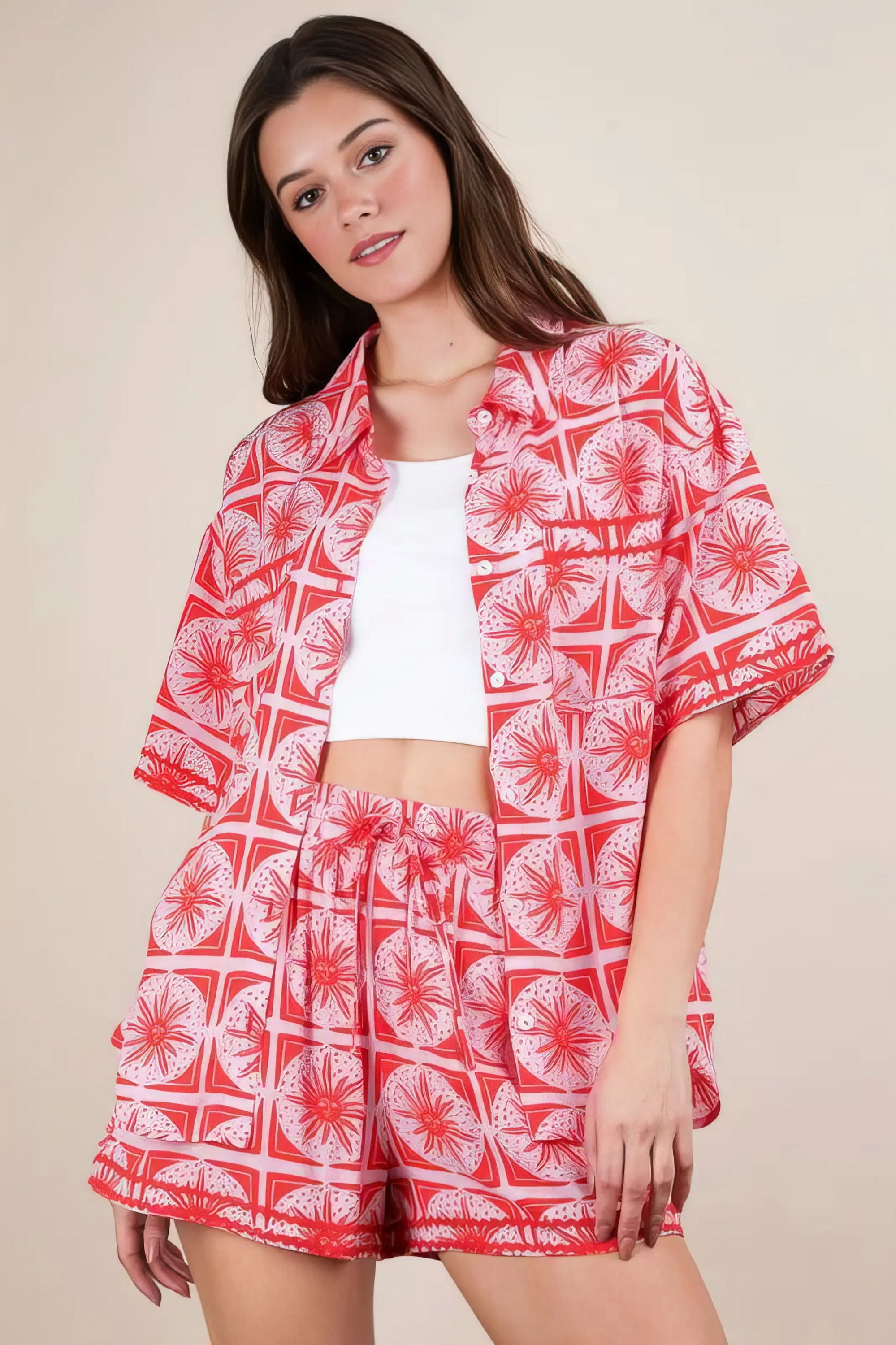 plus size tropical printed shirt top and shorts set, vibrant vacation style outfit, comfortable women's two-piece set, lush tropical print, relaxed fit top and shorts, ideal for beach days or summer outings