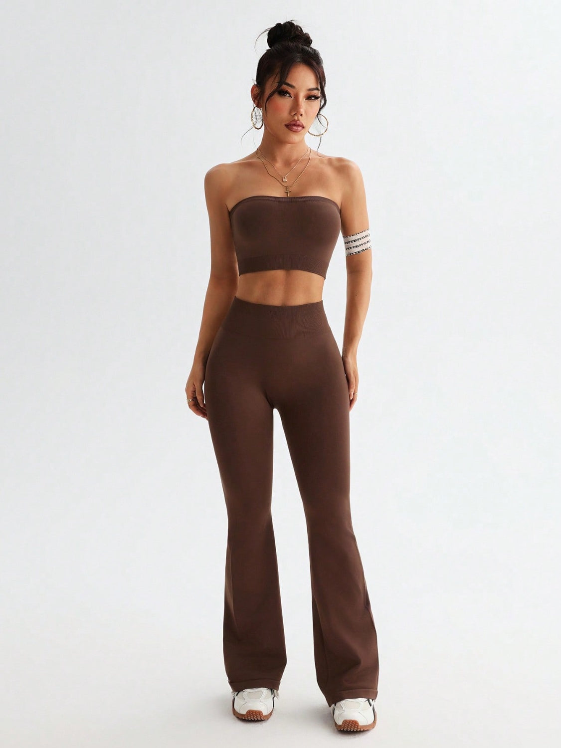 Tube Top and High Waist Flare Pants Active Set.