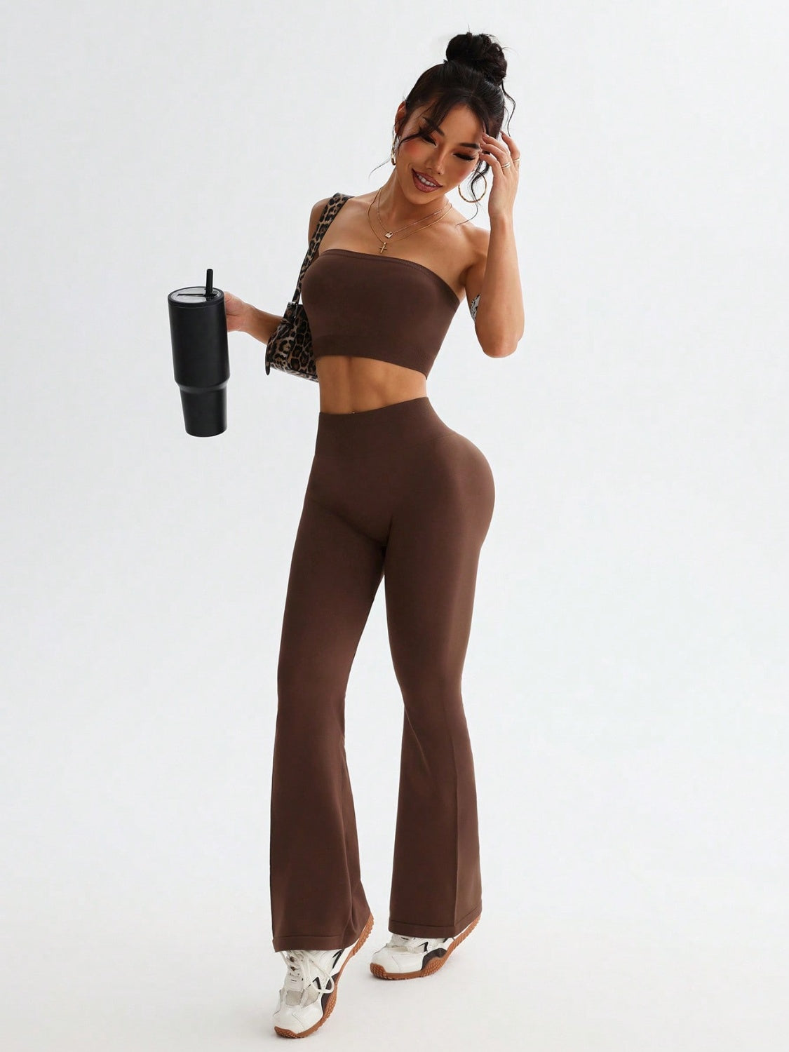 Tube Top and High Waist Flare Pants Active Set.