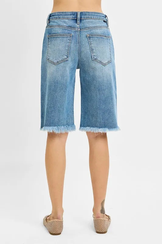High waist cuff denim shorts with drawstring and pockets.
