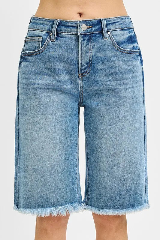 High waist cuff denim shorts with drawstring and pockets.