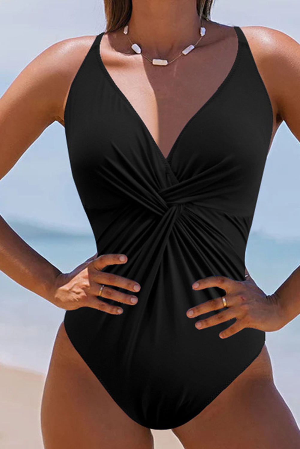 Twisted Crisscross V-Neck One-Piece Swimwear.