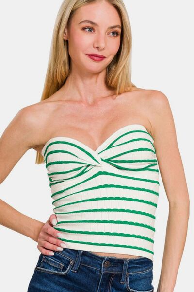 Twisted sweetheart neck striped tube top, opaque and slightly stretchy.
