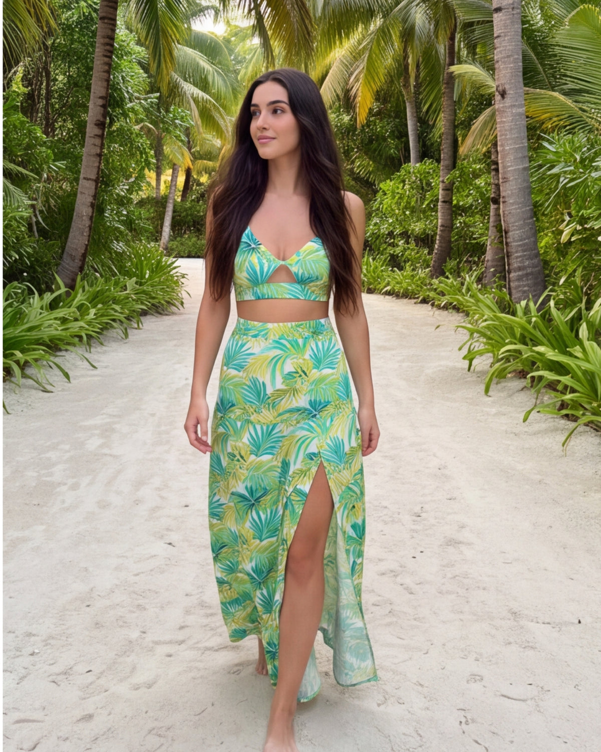 Two-Piece Skirt Set - Green Palms